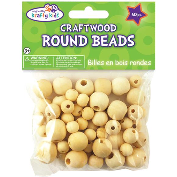 Krafty Kids Craftwood Round Beads 10mm To 16mm 60/Pkg