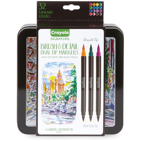 Crayola Signature Brush & Detail Dual-Tip Markers W/Tin