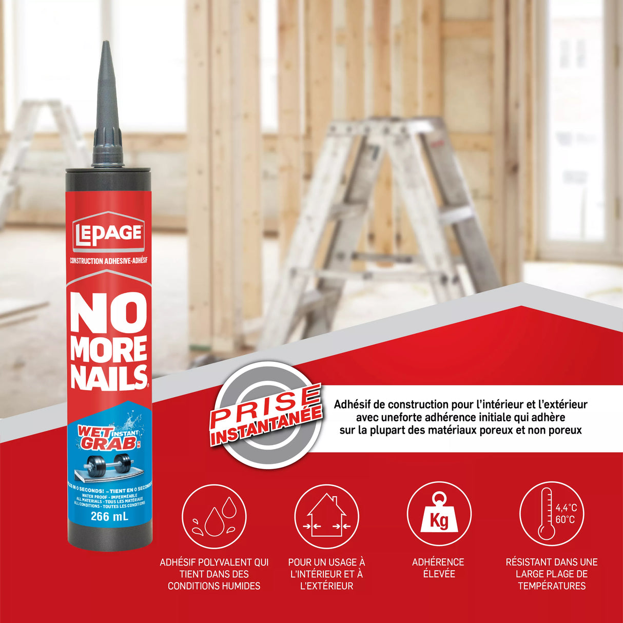LePage No More Nails Wet Grab Construction Adhesive, White, 266 ml Cartridge, Pack of 1 LePage