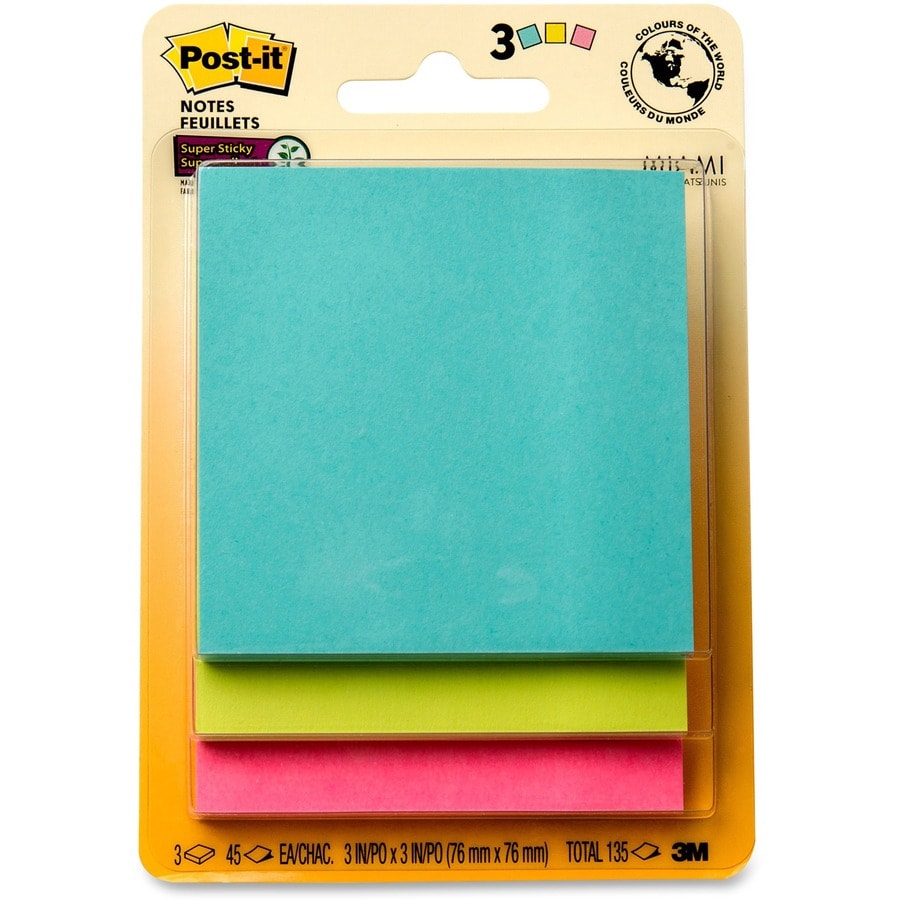 Post-it® Super Sticky Adhesive Note - 135 - 3" (76.20 mm) Flag/Note Width x 3" (76.20 mm) Flag/Note Length - Square - 45 Sheets per Pad - Plain - Recyclable, Repositionable - 3 / Pack Post-It