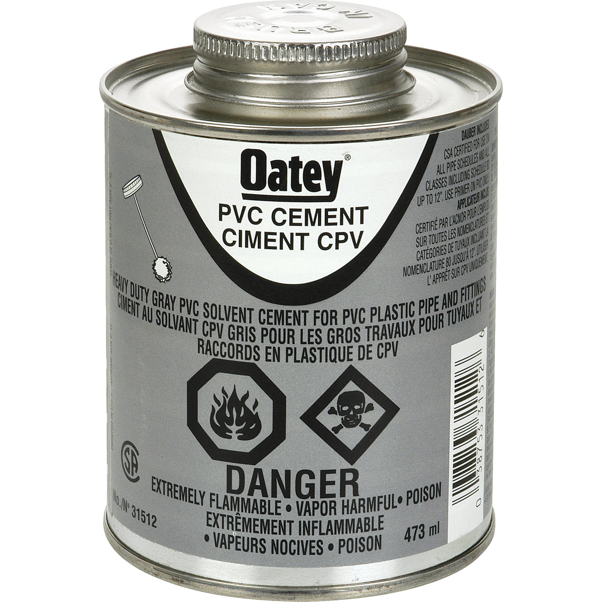 PVC Heavy-Duty Cement, 473 ml, Brush-Top Can, Grey
