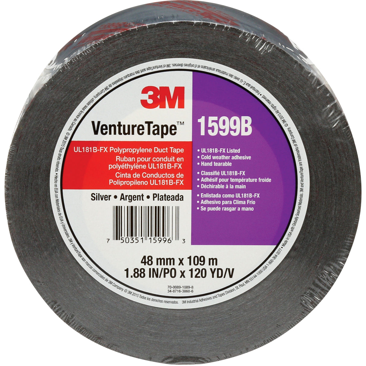 1599B Venture Tape™ Polypropylene Tape, 3 mils, Silver, 48 mm (2") x 109.7 m (359.9')