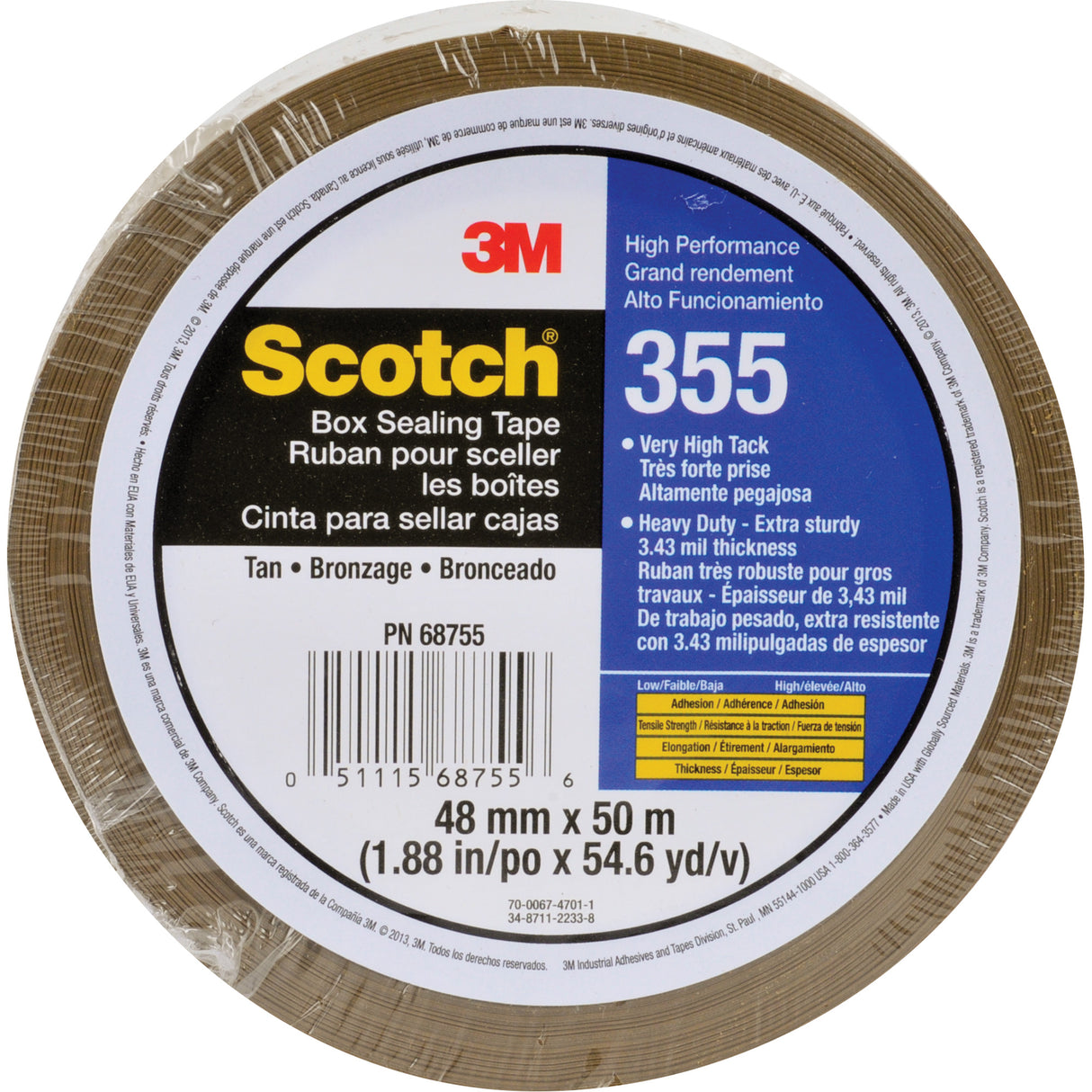 Scotch® Box Sealing Tape, Hot Melt Adhesive, 3.15 mils, 48 mm (2") x 50 m (164')
