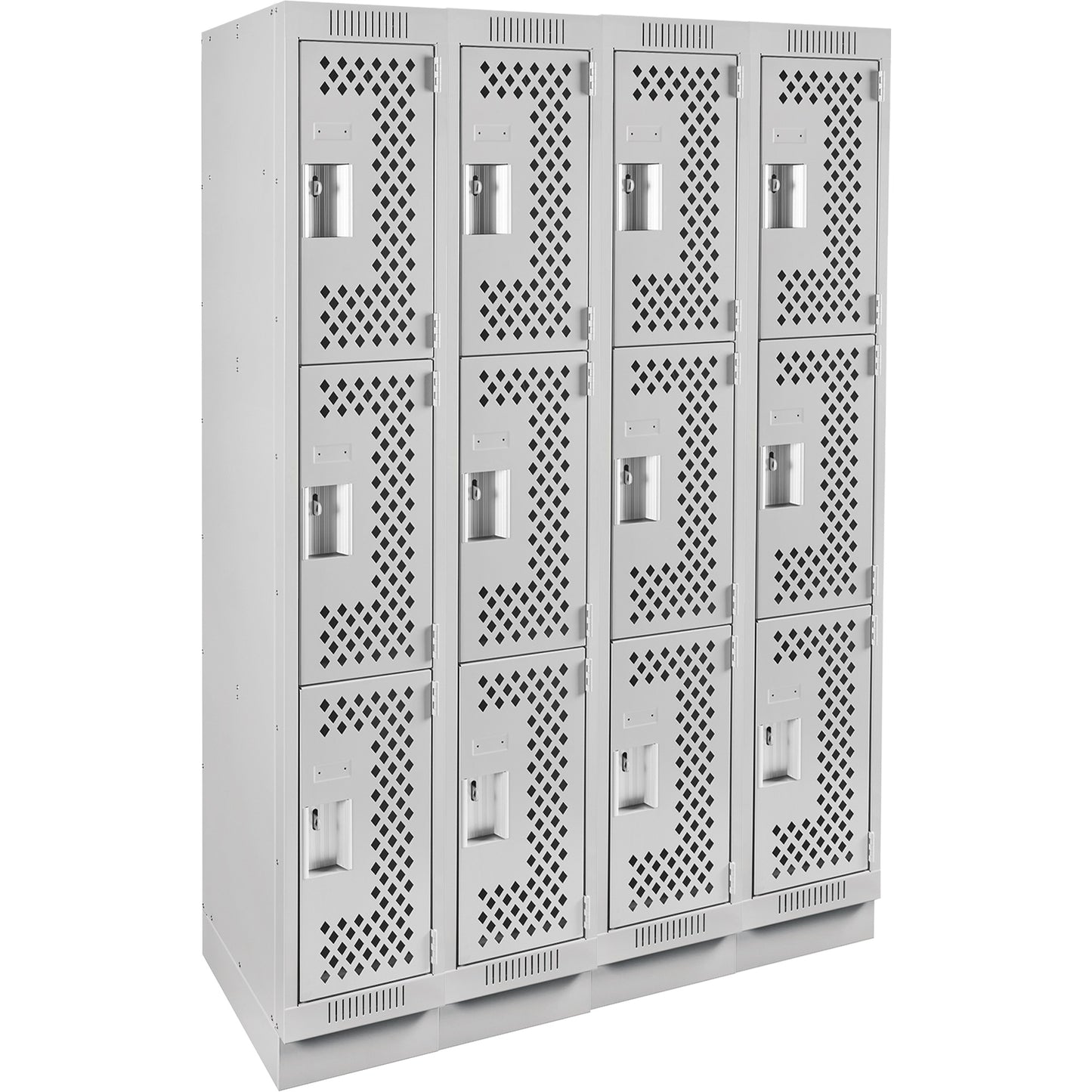 Clean Line™ Lockers, 3 -tier, Bank of 4, 48" x 15" x 76", Steel, Grey, Rivet (Assembled), Perforated