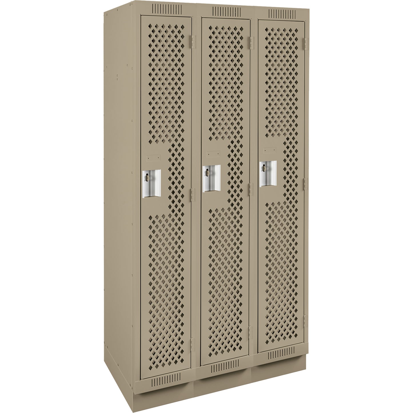 Clean Line™ Lockers, Bank of 3, 36" x 12" x 76", Steel, Beige, Rivet (Assembled), Perforated