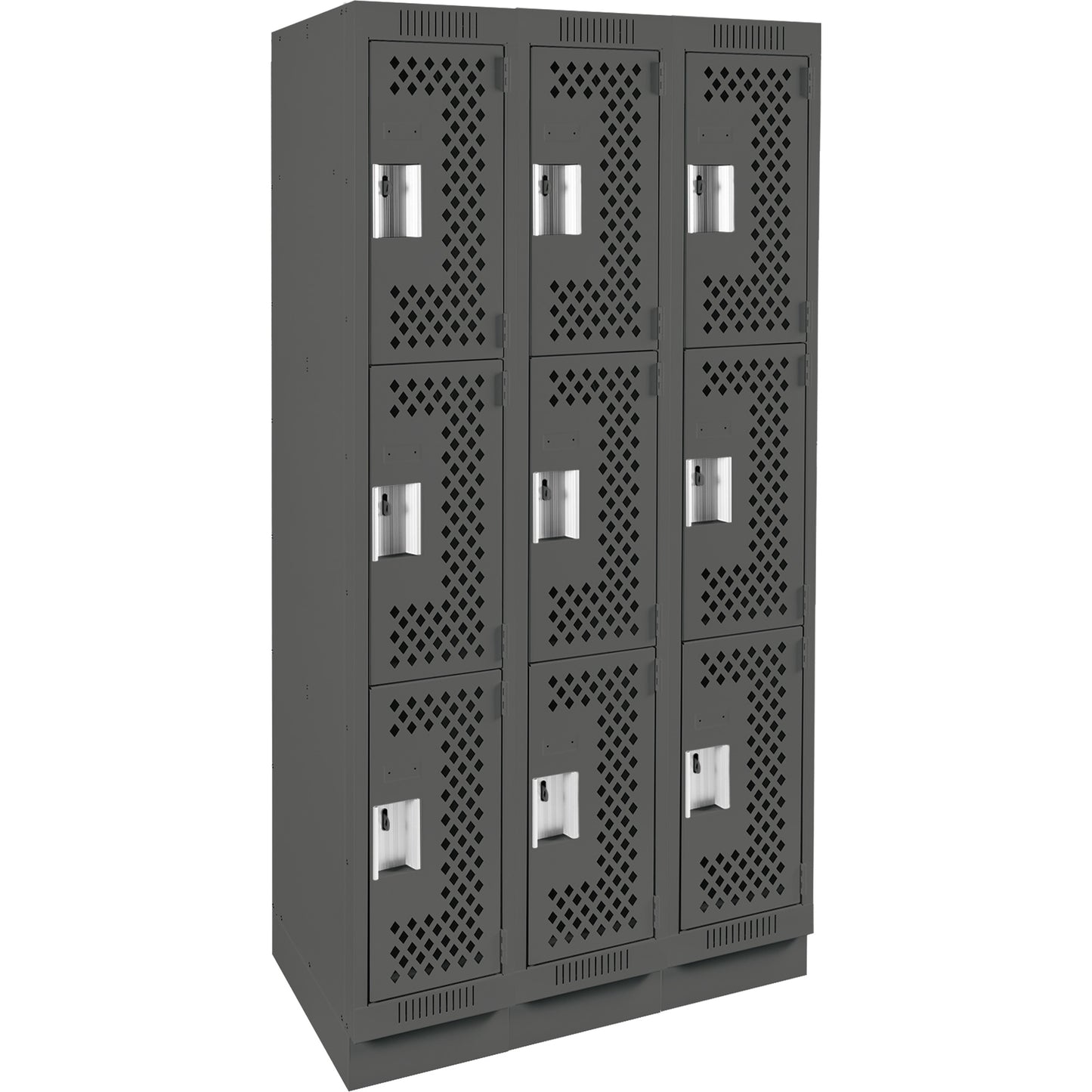 Clean Line™ Lockers, 3 -tier, Bank of 3, 36" x 15" x 76", Steel, Charcoal, Rivet (Assembled), Perforated