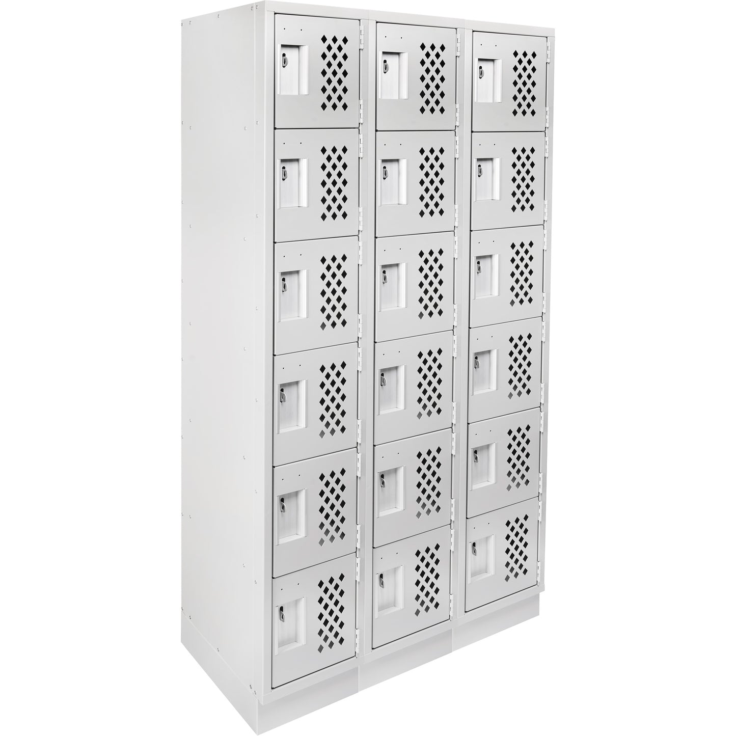 Assembled Lockerettes Clean Line™ Perforated Economy Lockers, 6 -tier, Bank of 3, 18" x 72" x 12", Steel