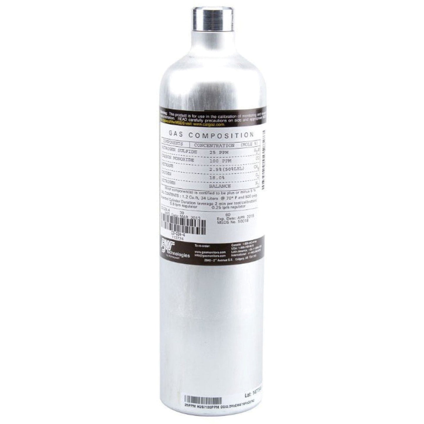 Honeywell Calibration Testing Gas Cylinder, 2 Gas Mix, CH4/O2, 58 Litres