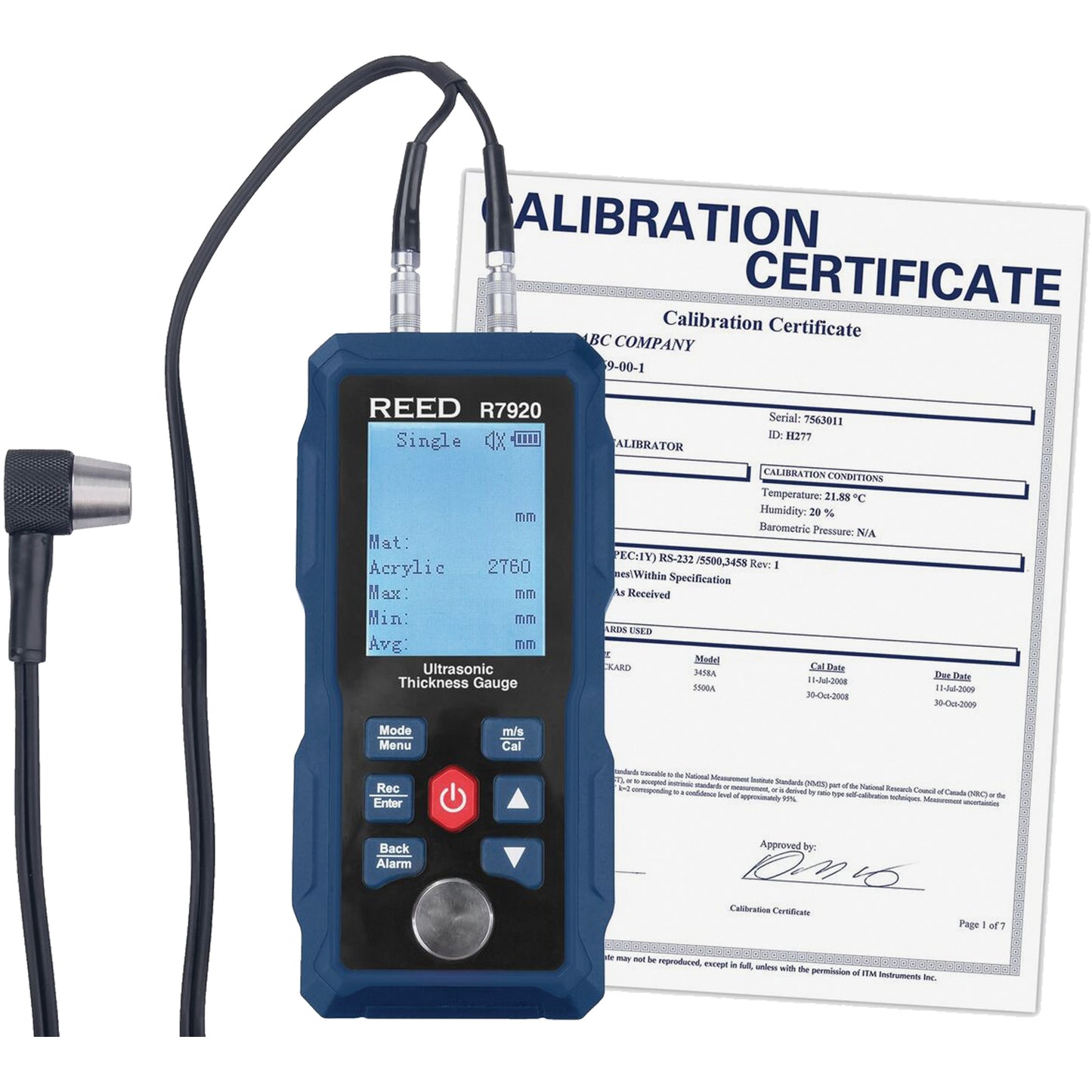 Thickness Gauge with Calibration Certificate, Digital Display, Ultrasound, 0.04" - 11.8" (1 mm - 300 mm) Range