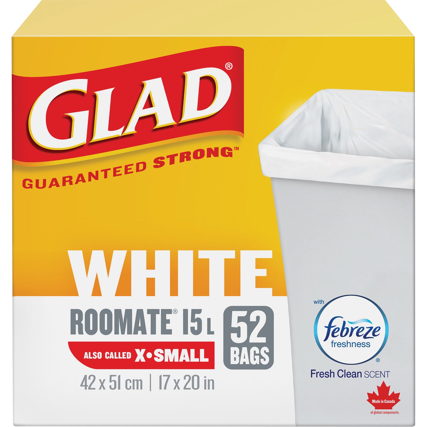 X-Small 15L Roommate Febreze Garbage Bags, Regular, 17" W x 20" L, White