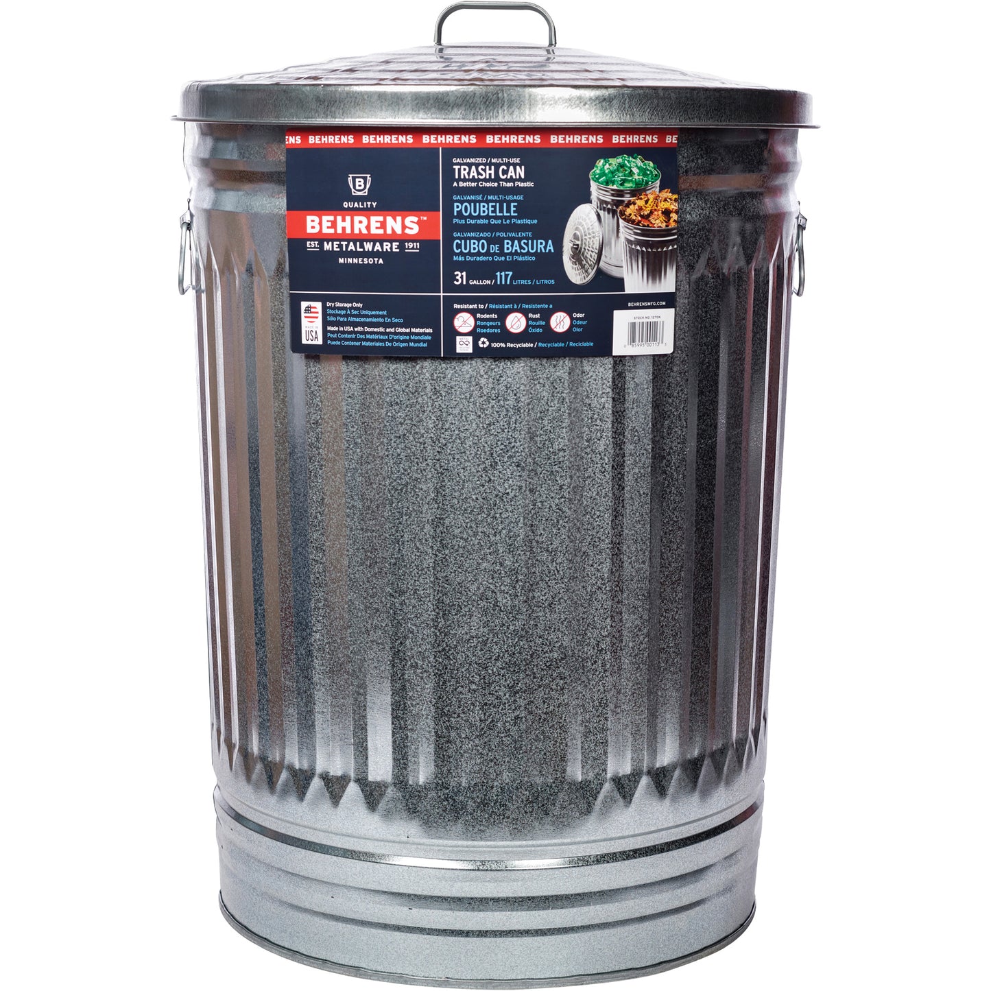 Trash Can with Lid, Galvanized Steel, 31 US gal.