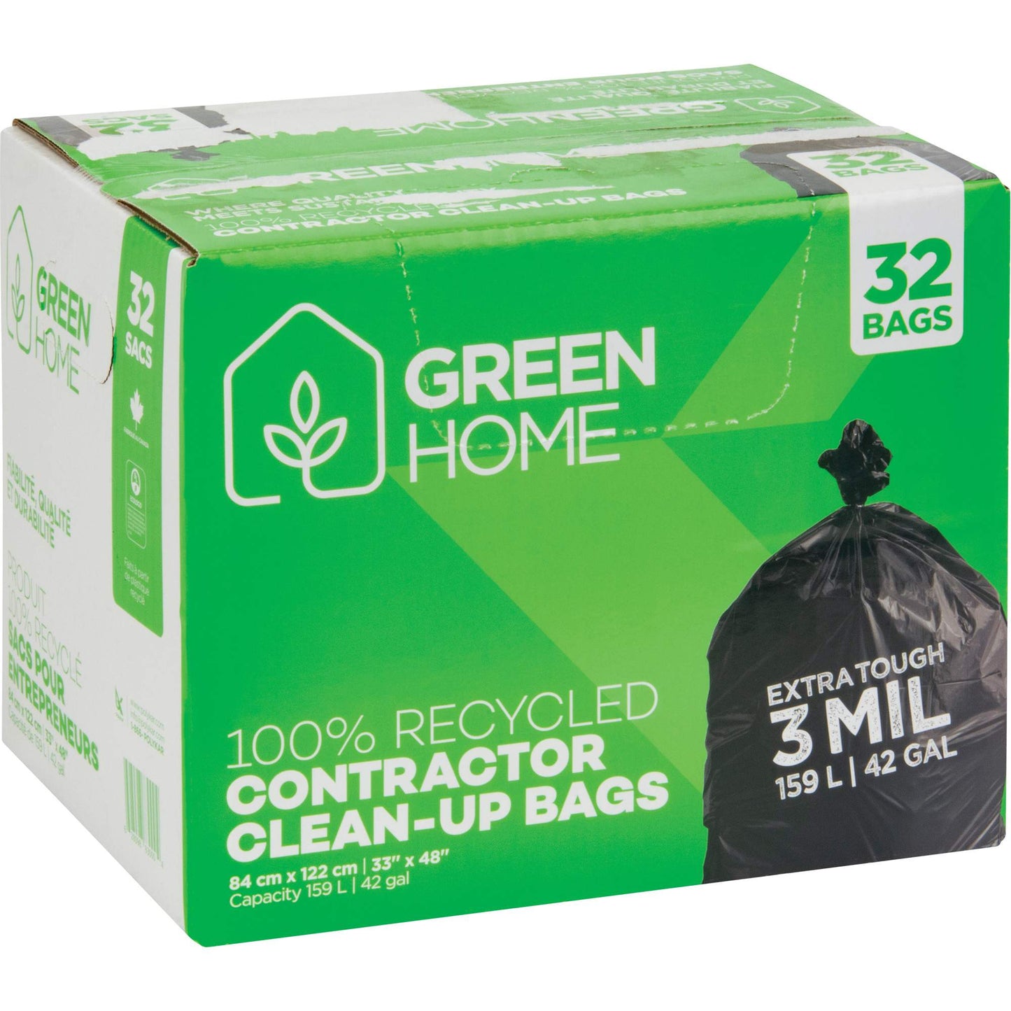Green Home Garbage Bags, Strong, 33" W x 48" L, 3 mils, Black, 159 L (42 Gal.) Capacity
