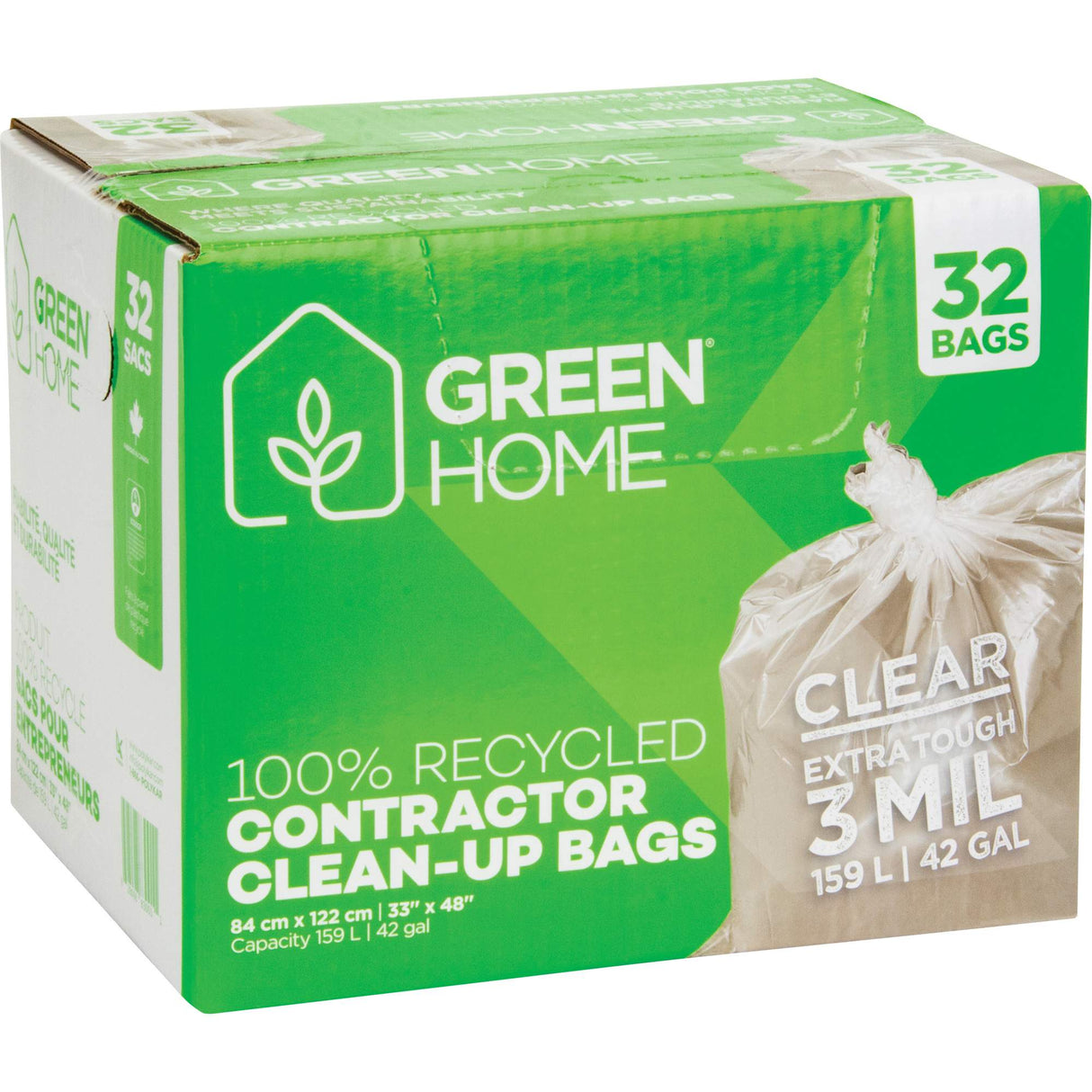 Green Home Garbage Bags, Strong, 33" W x 48" L, 3 mils, Clear, 159 L (42 Gal.) Capacity
