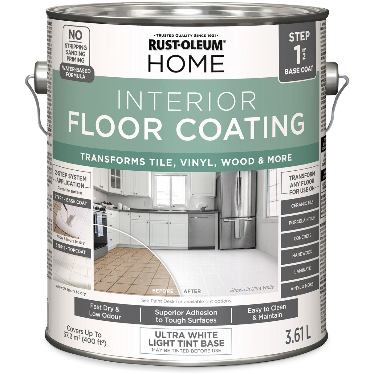 Home Interior Floor Coating System Base Coat, 3.61 L, Water-Based, Very Flat, Tint Base/White