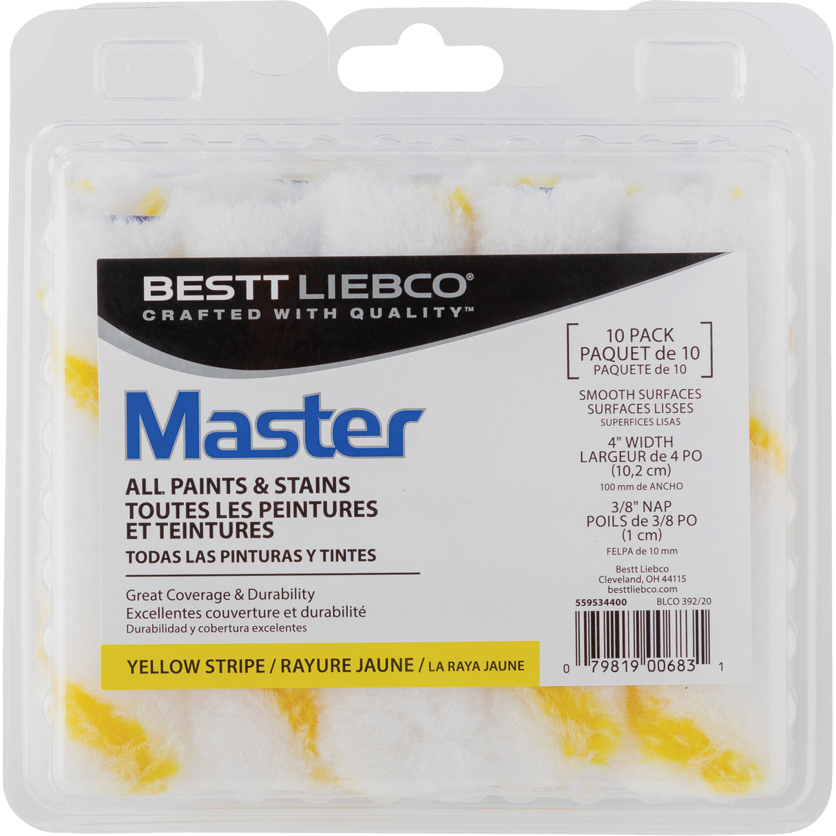 Master Yellow Stripe Mini Rollers, 10 mm (3/8") Nap, 101.6 mm (4") L