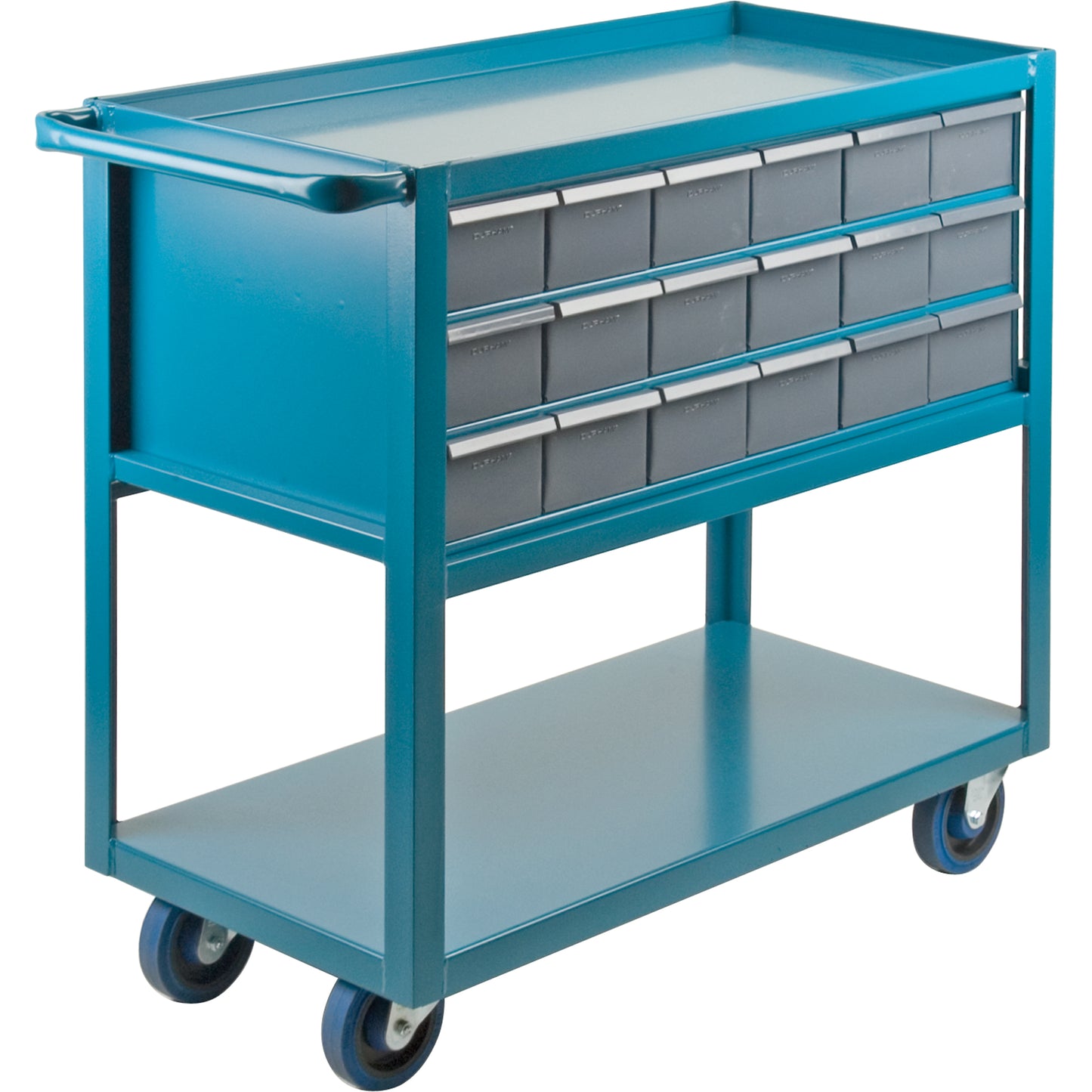 Drawer Shelf Cart, 1200 lbs. Capacity, Steel, 18" x W, 35" x H, 36" D, Rubber Wheels, All-Welded, 18 Drawers