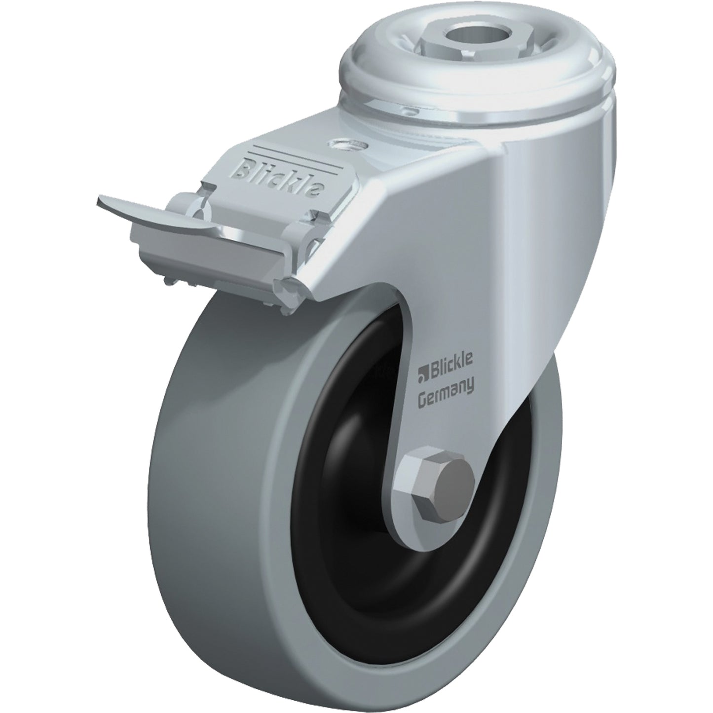 Light-Duty Caster, Swivel with Brake, 4" (101.6 mm), Solid Rubber, 242 lbs. (110 kg.)