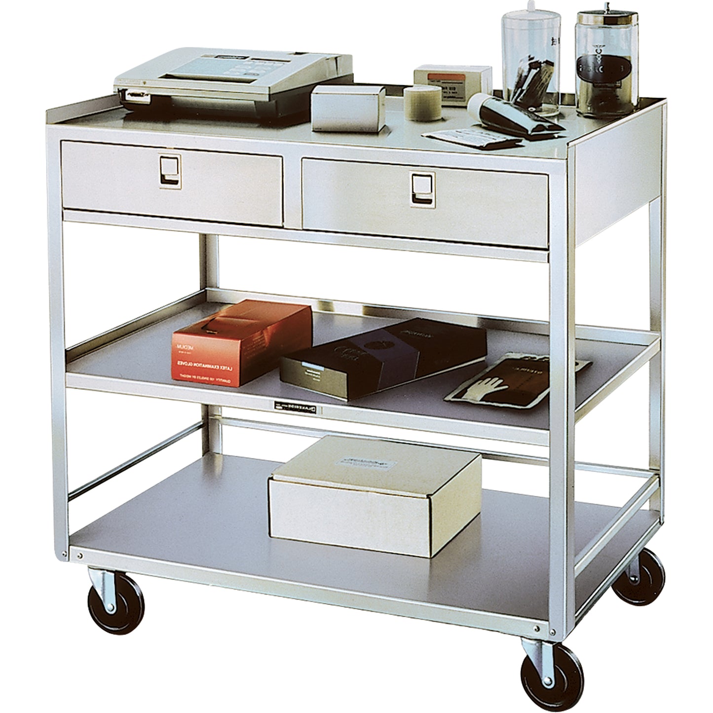 Stainless Steel Equipment Stands, 300 lbs. Capacity, Stainless Steel, 20"/20-1/8" x W, 35" x H, 37"/36-3/8" D, Knocked Down, 2 Drawers