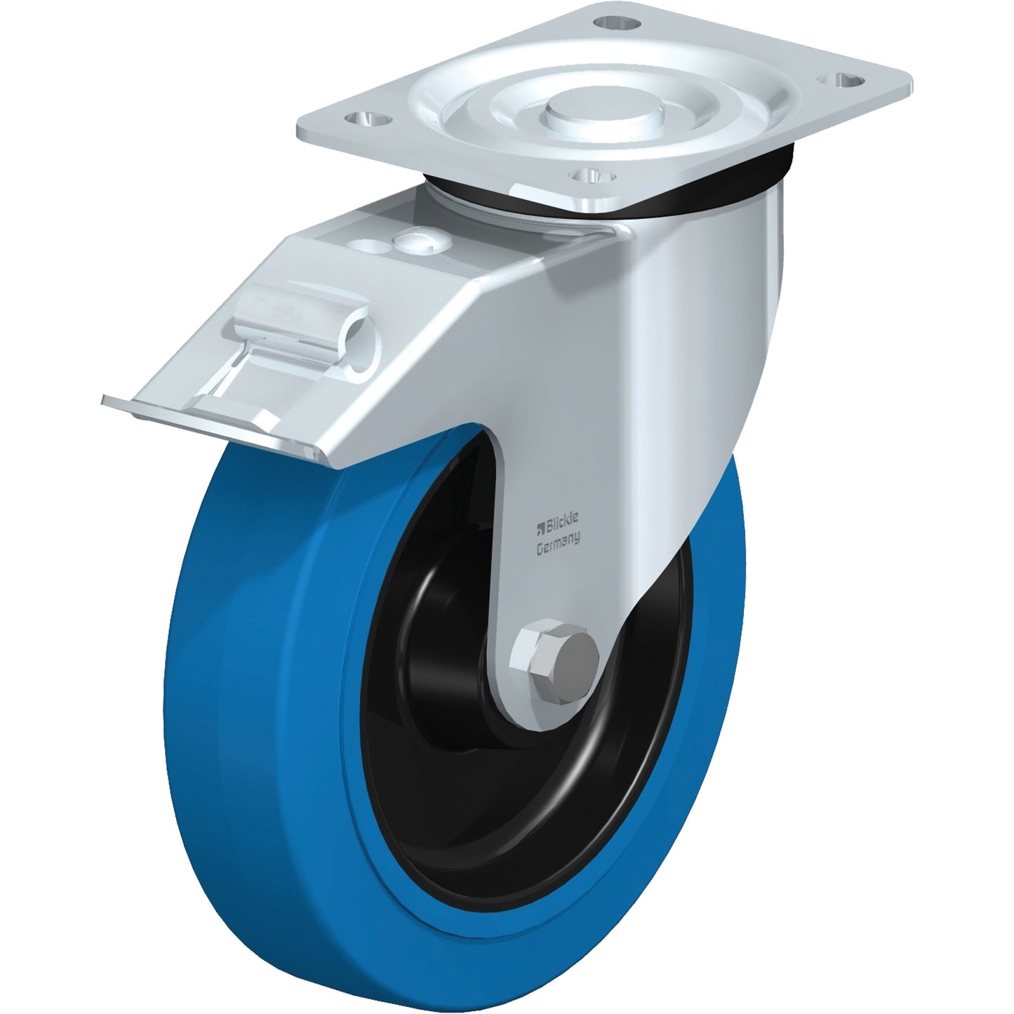 Blue Caster, Swivel with Brake, 8" (203.2 mm), Rubber, 770 lbs. (349 kg.)