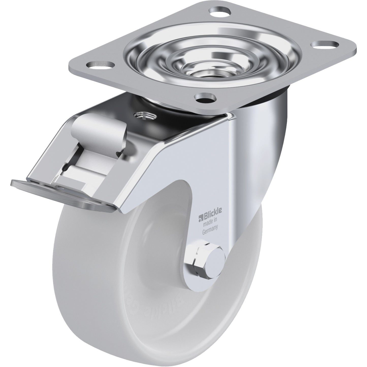 Caster, Swivel with Brake, 4" (101.6 mm), Nylon, 330 lbs. (150 kg.)