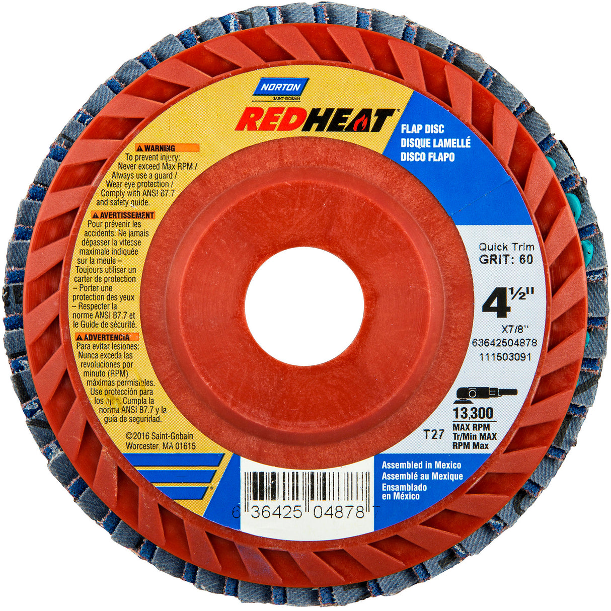 Red Heat® Plastic Flat Flap Discs, 4-1/2" x 7/8", Type 27, 40 Grit, Ceramic Alumina