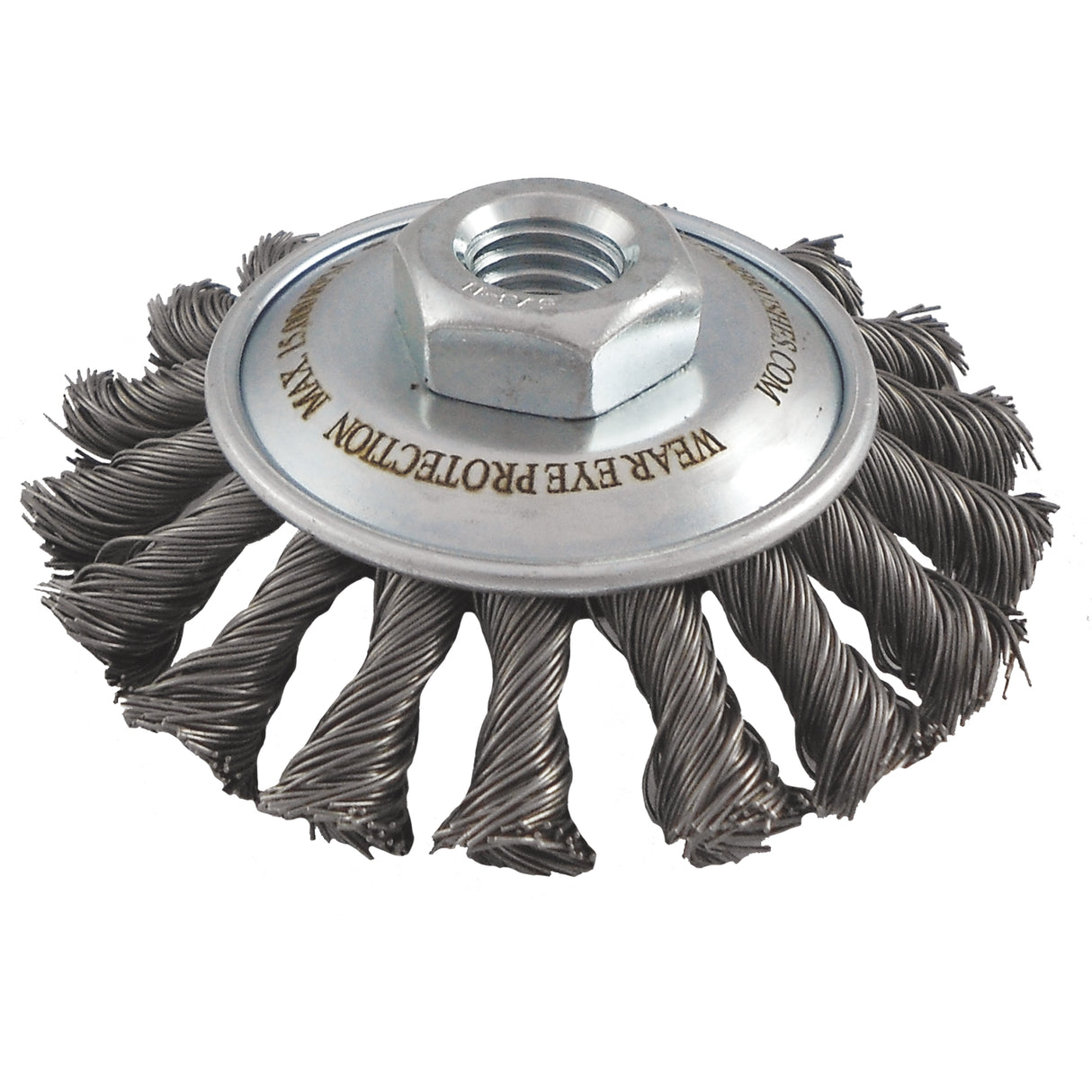 Knotted Wire Wheel Saucer Brushes, 5" Dia., 0.02" Fill, 5/8"-11 Arbor, Steel