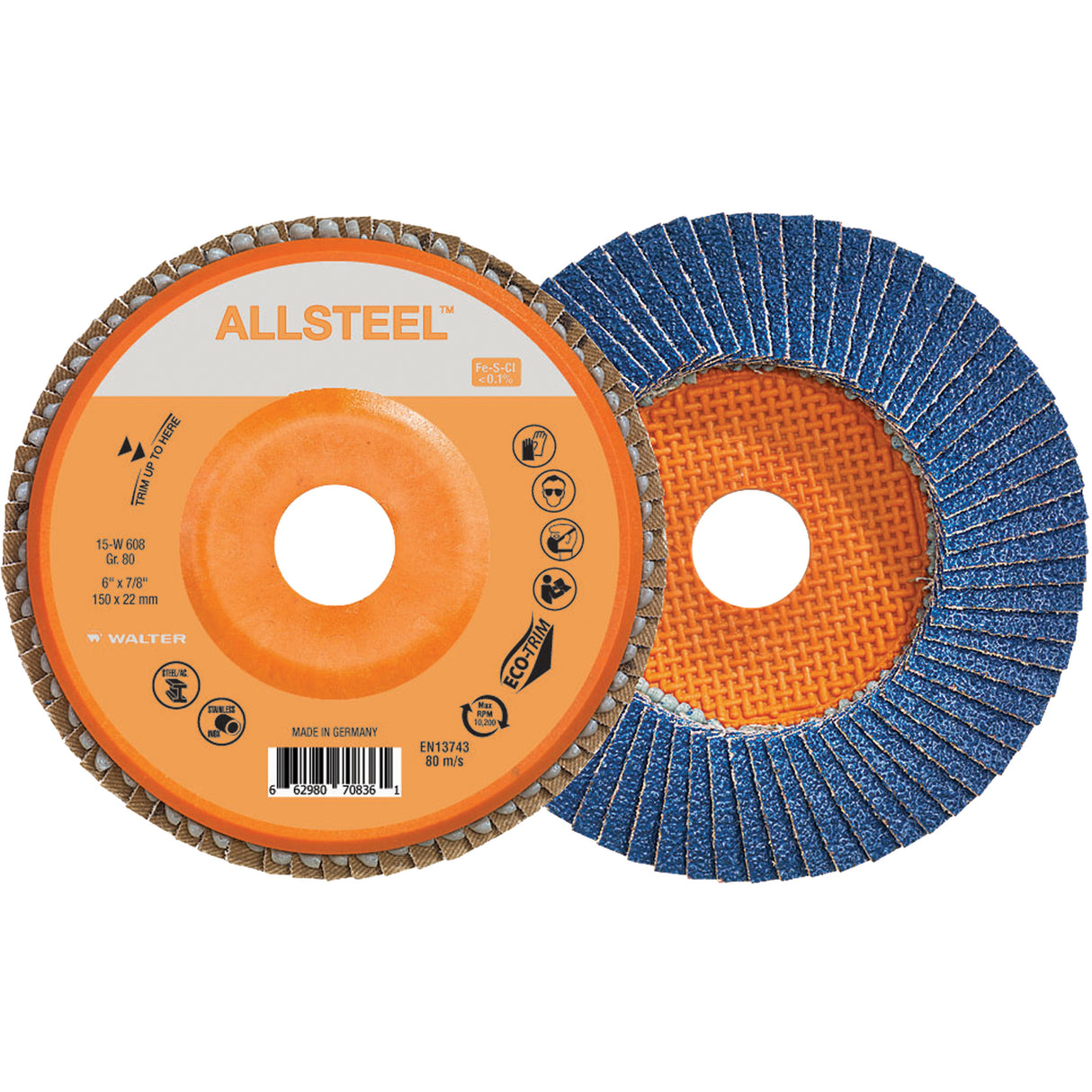 AllSteel™ Flap Disc, 6" x 7/8", Type 27, 80 Grit, Zirconia Alumina