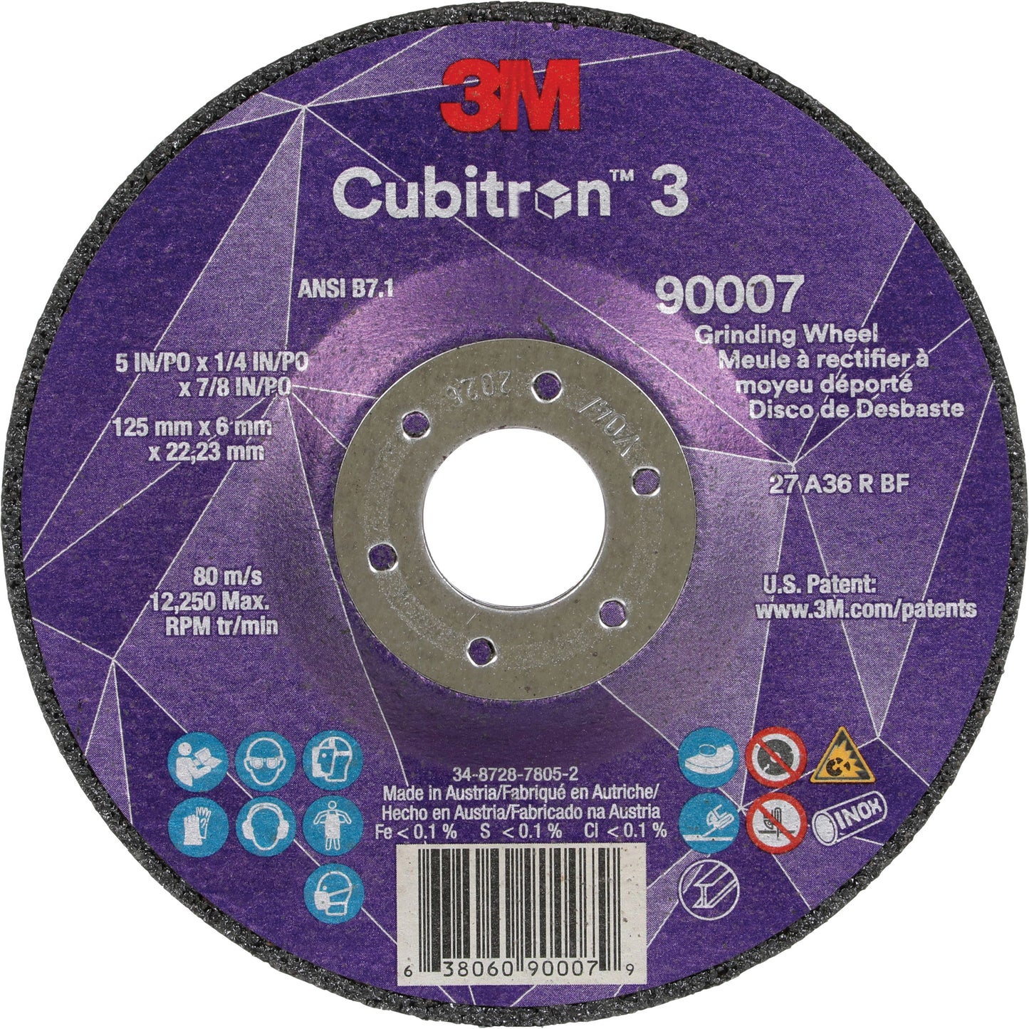 Cubitron™ 3 Depressed Centre Grinding Wheel, 5" x 1/4", 7/8" Arbor, Ceramic, Type T27