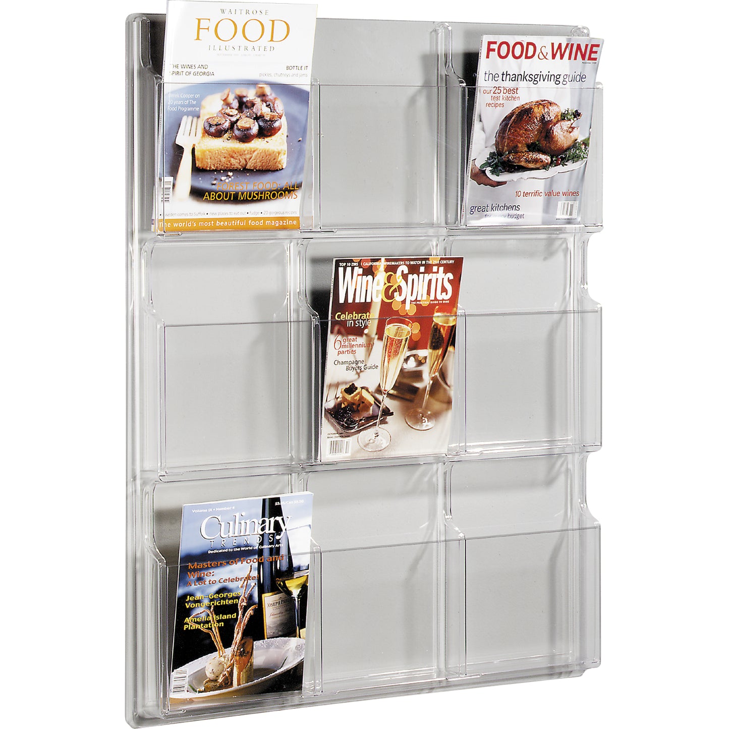Literature Displays, Wall Mount, 9 Slots, Plastic, 30" W x 2" D x 36-7/8" H