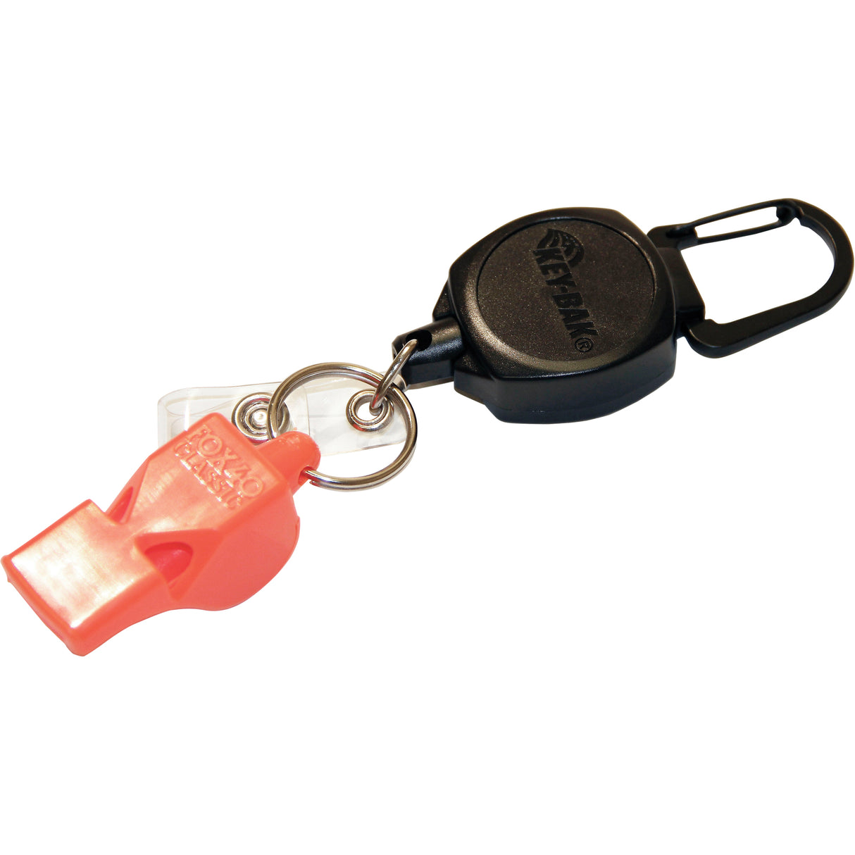 Self Retracting ID Badge and Key Reel with Whistle, Zinc Alloy Metal, 24" Cable, Carabiner Attachment