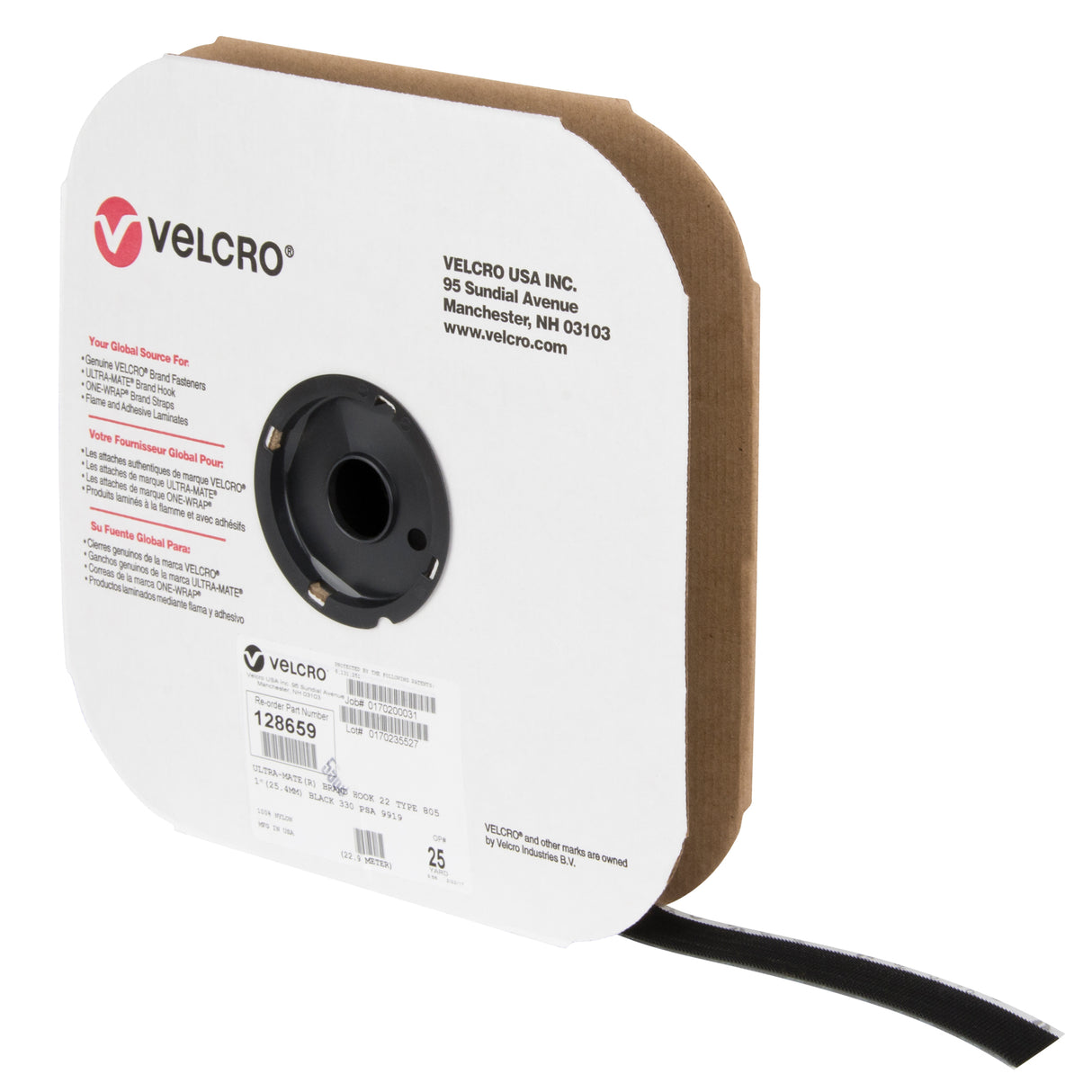 Low Profile Fastener Tape, Hook, 25 yds x 1", Adhesive, Black