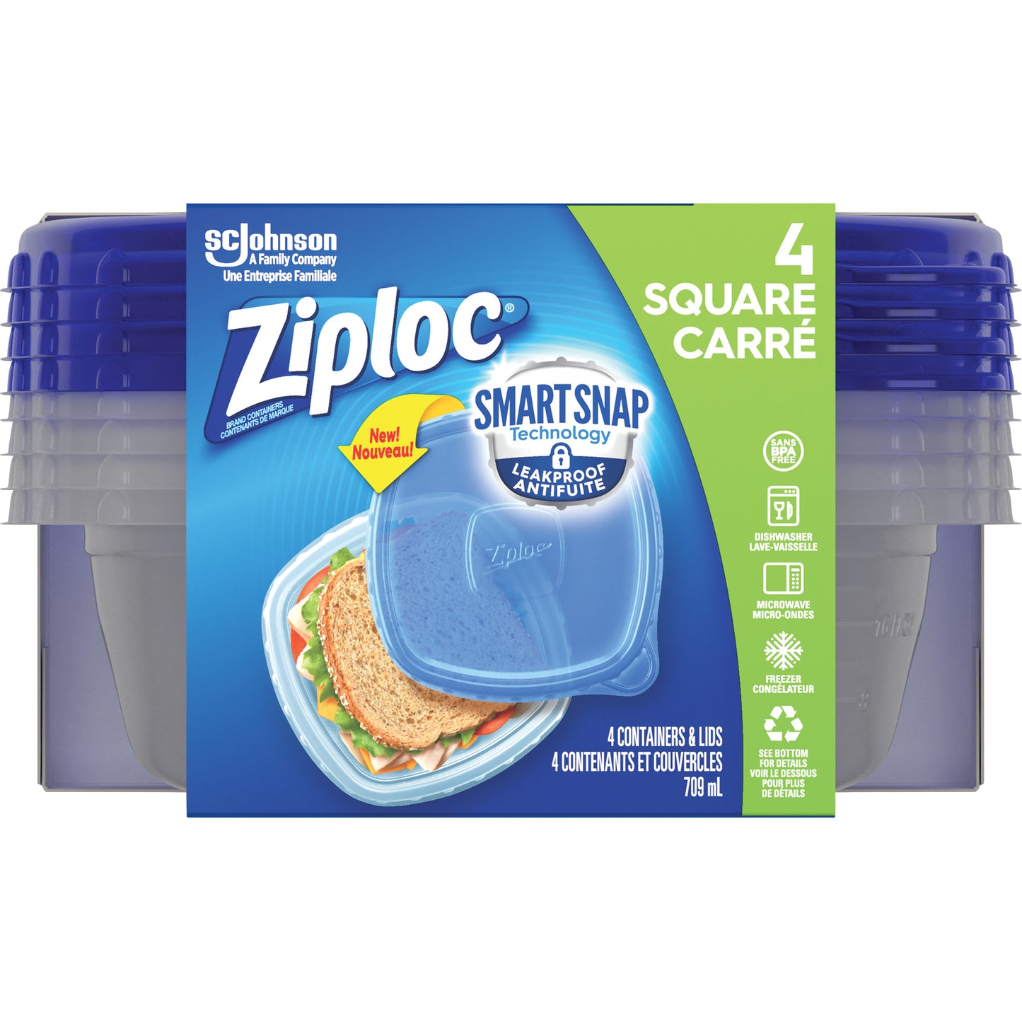 Ziploc® Square Food Container, Plastic, 709 ml Capacity, Clear