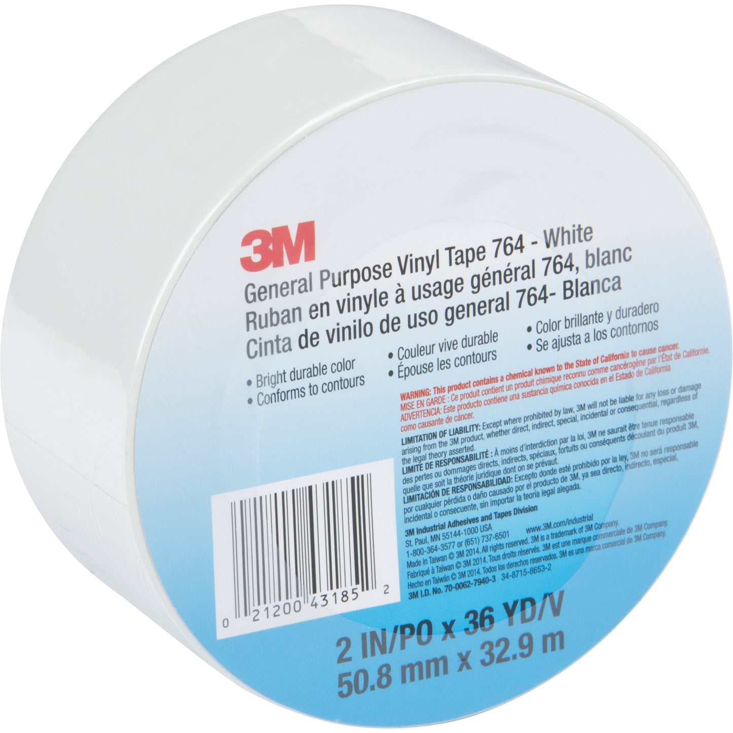 General Purpose Vinyl Tape 764, 48 mm (2") W x 32.9 m (108') L, White