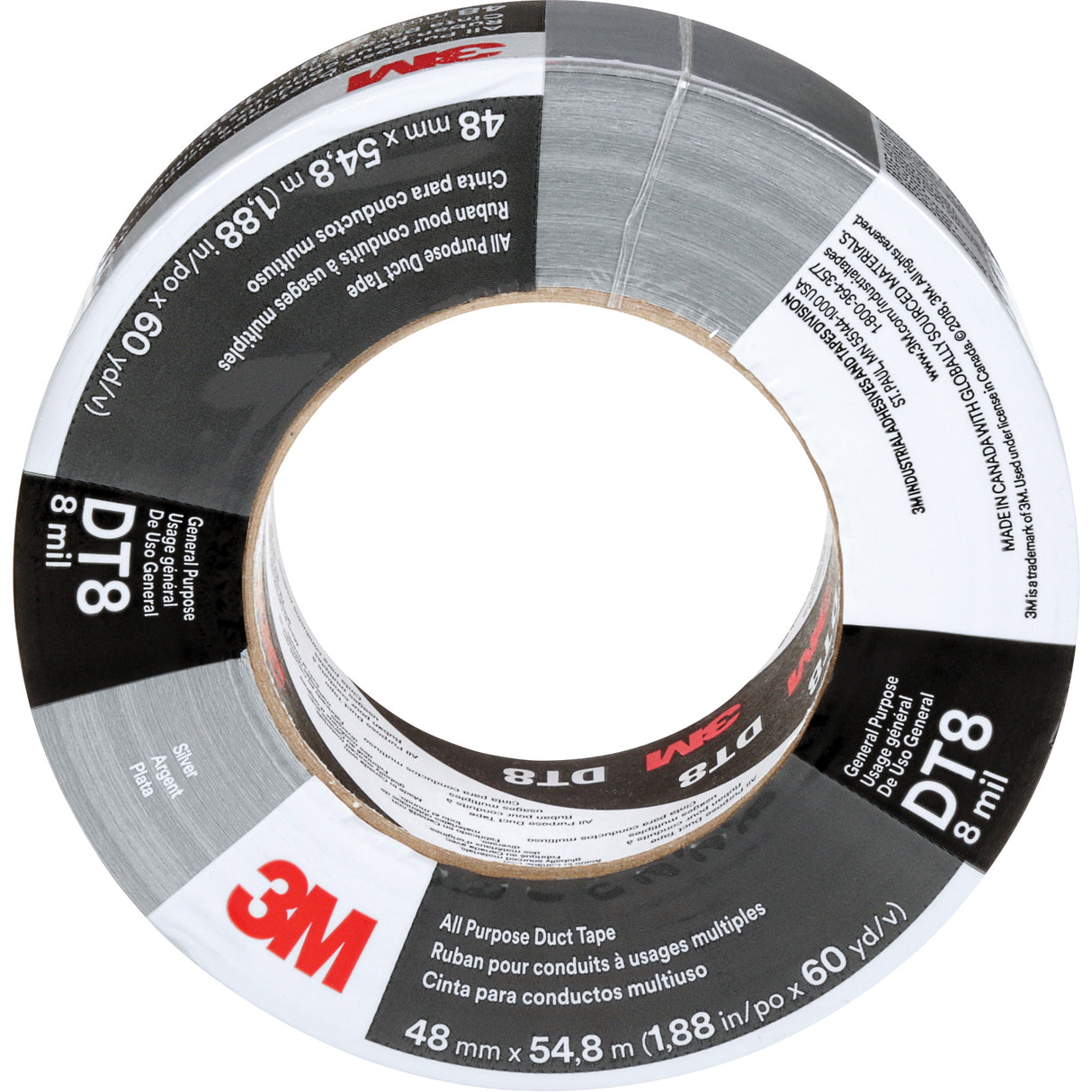 DT8 All-Purpose Duct Tape, 8 mils, Silver, 48 mm (2") x 55 m (180')