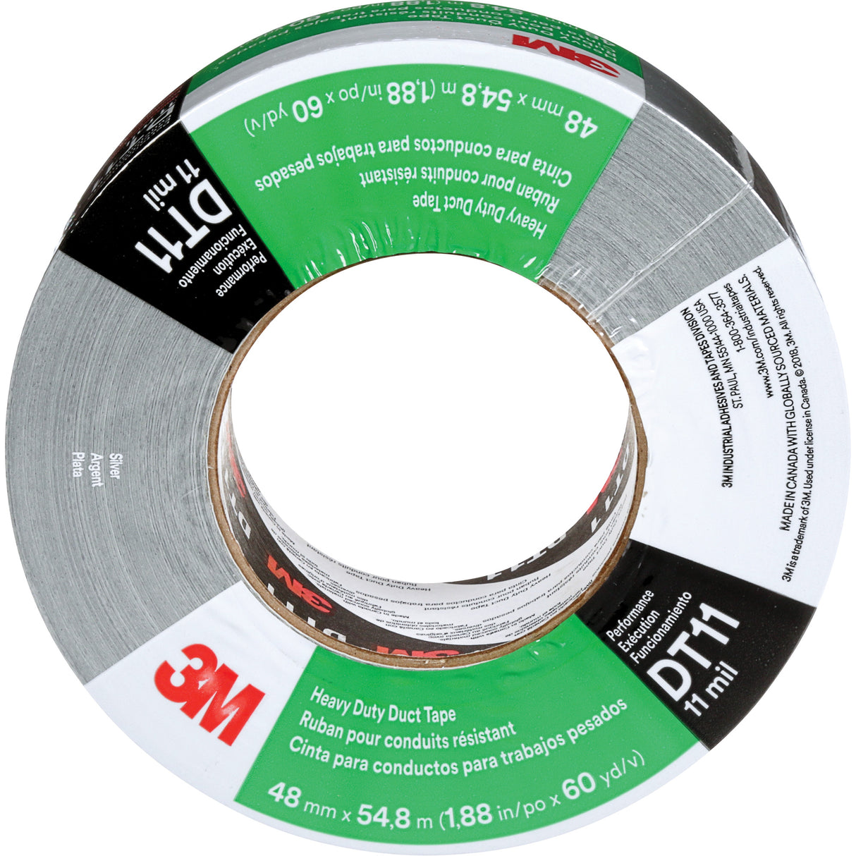 DT11 Heavy-Duty Duct Tape, 11 mils, Silver, 48 mm (2") x 55 m (180')