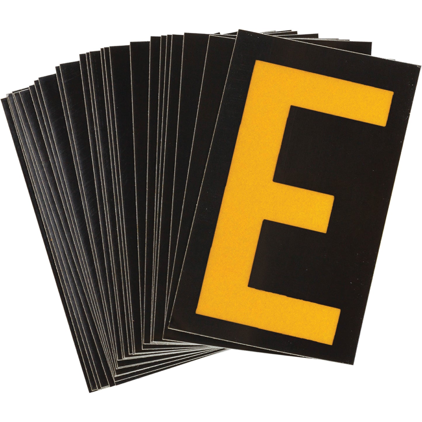 Brady Reflective Individual Number and Letter Labels, E, 1-1/2" H, Yellow on Black