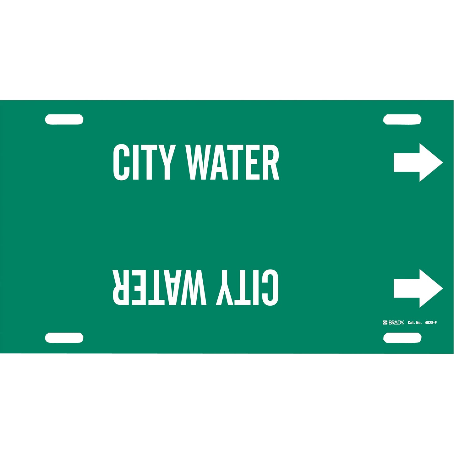 Brady "City Water" Pipe Marker, Strap-On, 8" H x 16" W, White on Green