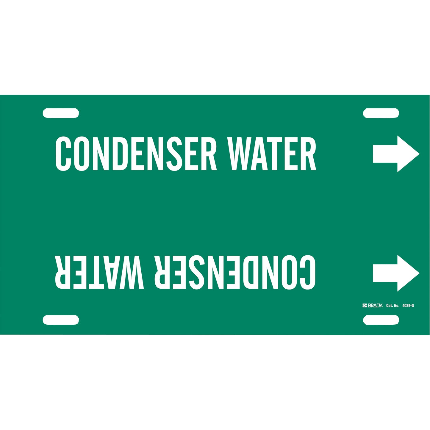 Brady "Condenser Water" Pipe Marker, Strap-On, 10" H x 24" W, White on Green