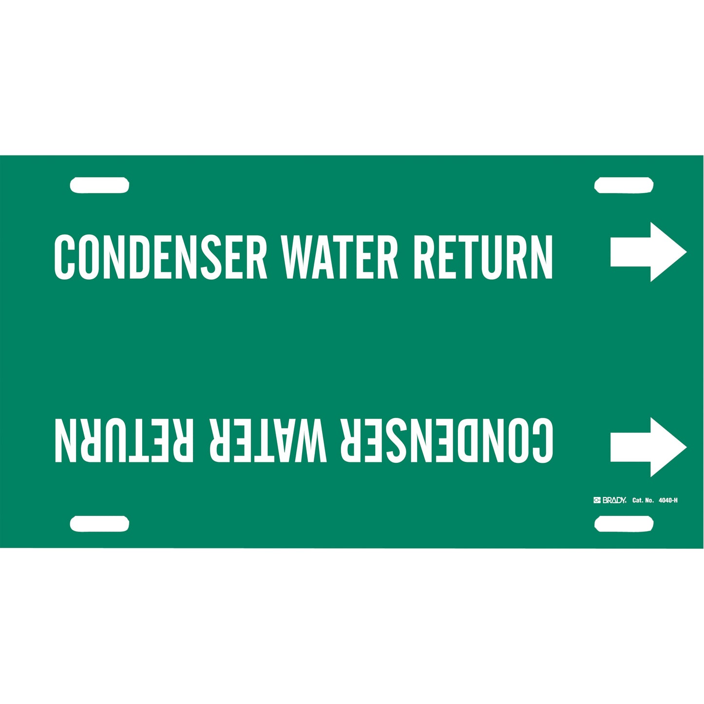 Brady "Condenser Water Return" Pipe Marker, Strap-On, 10" H x 32" W, White on Green