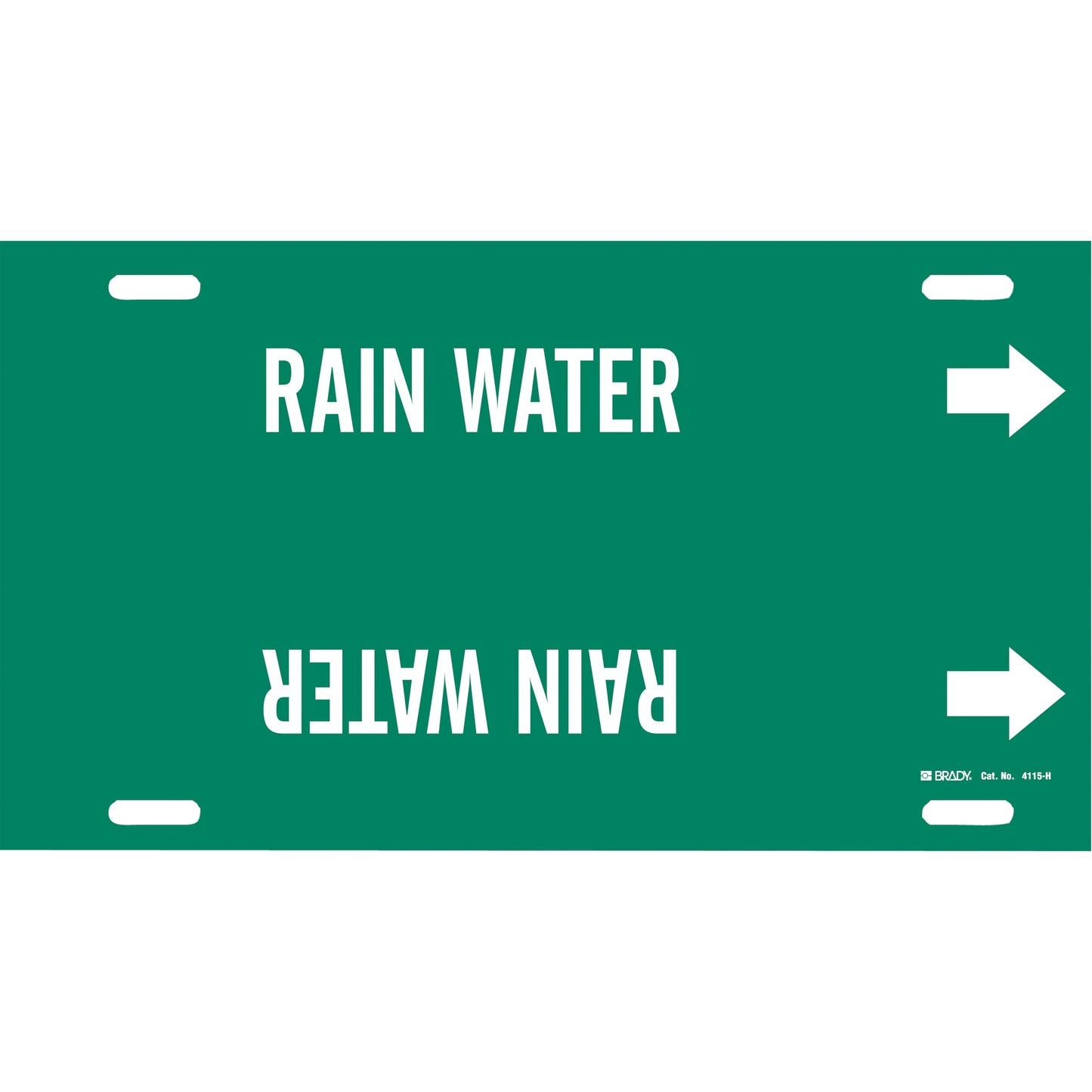 Brady "Rain Water" Pipe Marker, Strap-On, 10" H x 32" W, White on Green
