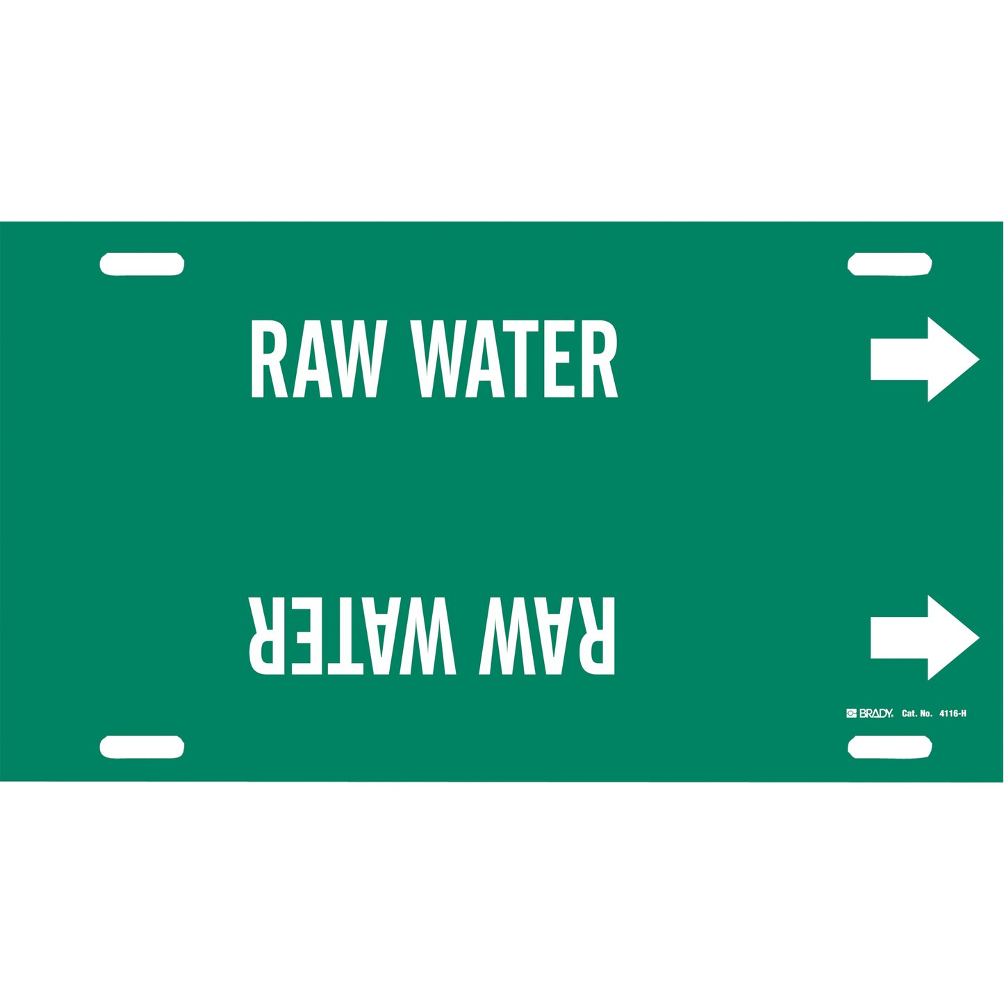 Brady "Raw Water" Pipe Marker, Strap-On, 10" H x 32" W, White on Green