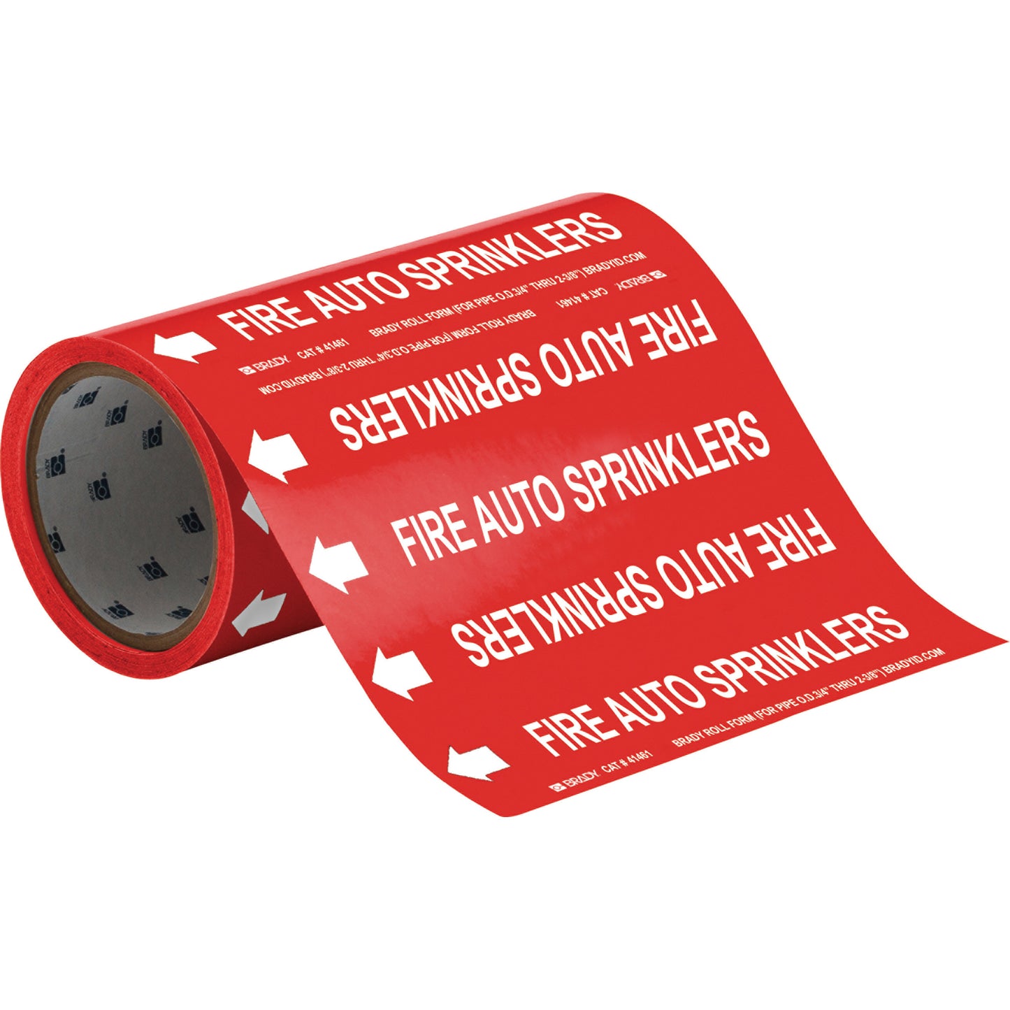 Brady "Fire Auto Sprinklers" Roll Form Pipe Markers, Self-Adhesive, Cuttable H x 8" W, White on Red