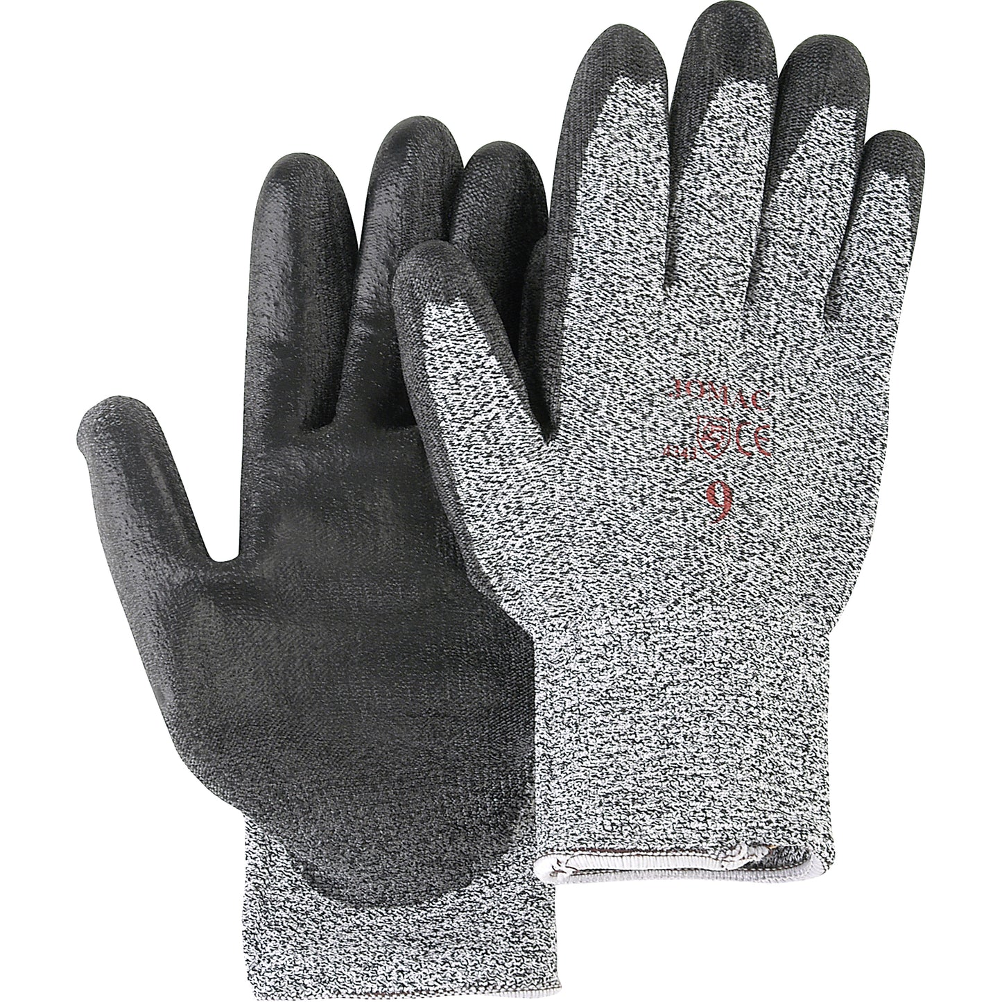 Jomac Canada Salt & Pepper Knit Gloves With Black Palm Coating, Size Large/9, Polyurethane Coated, HPPE Shell, ANSI/ISEA 105 Level 2