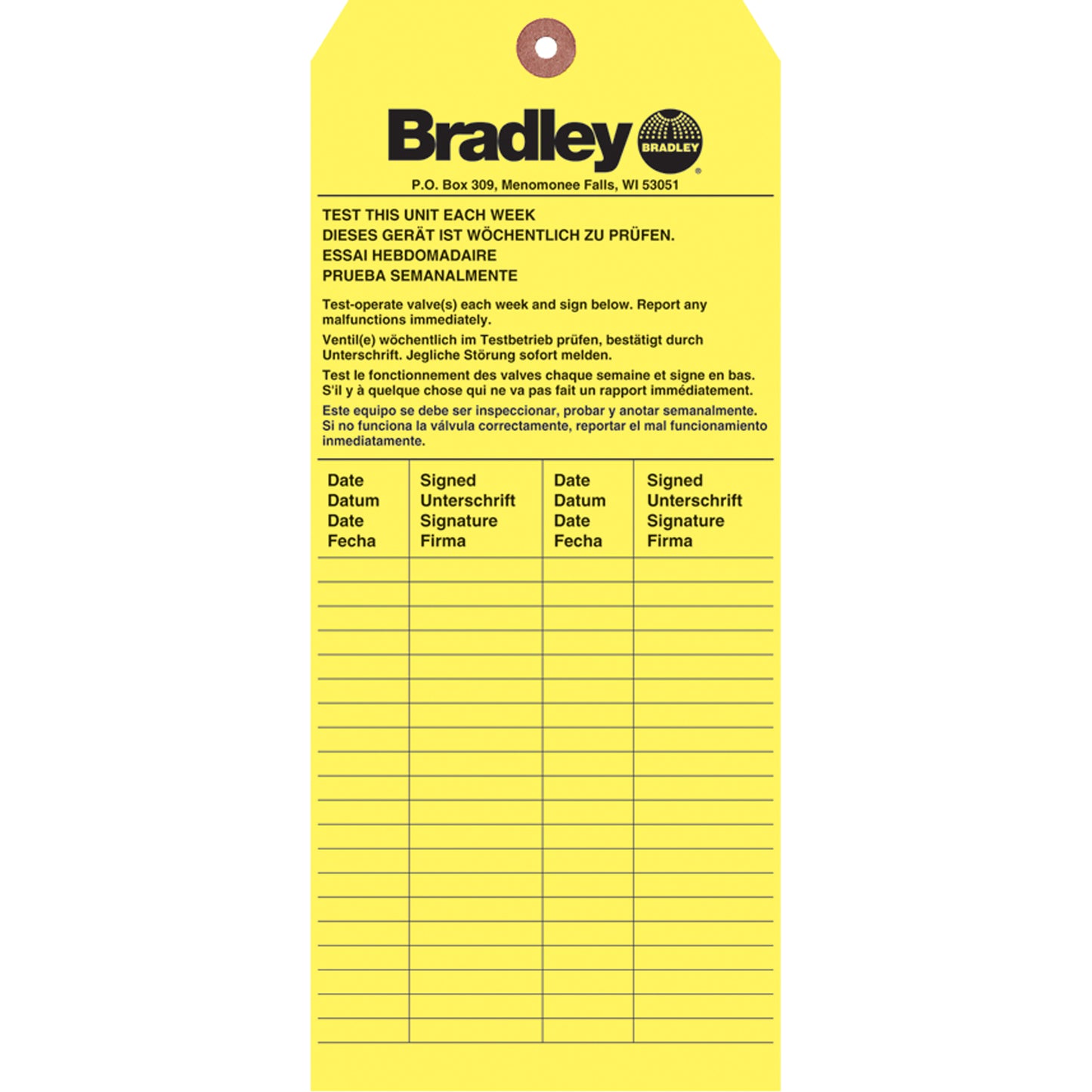 Bradley Inspection Tag, Paper, 3-6/8" W x 5-7/8" H, English