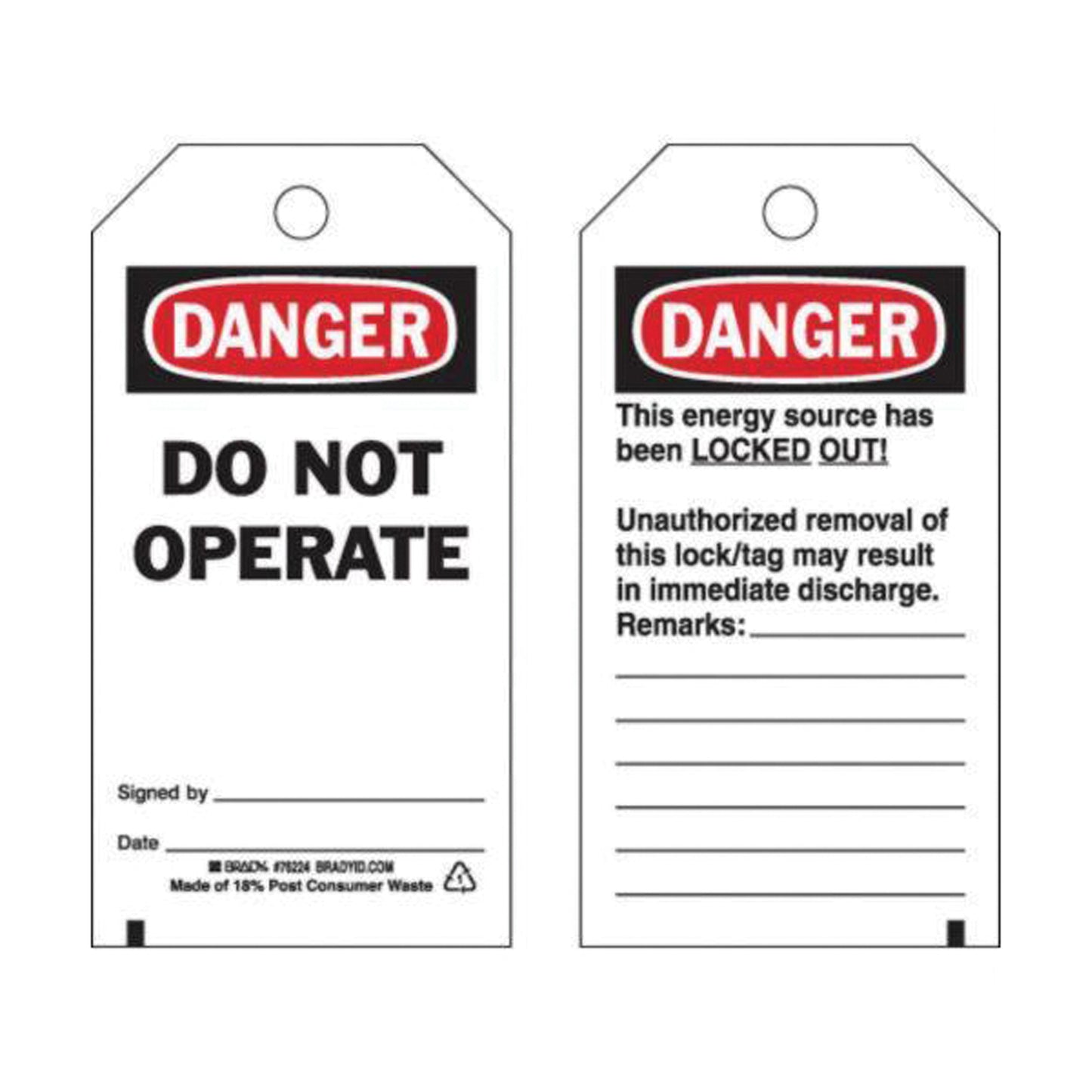 Brady "Danger Do Not Operate" Safety Tags, Polyester, 3" W x 5-3/4" H, English