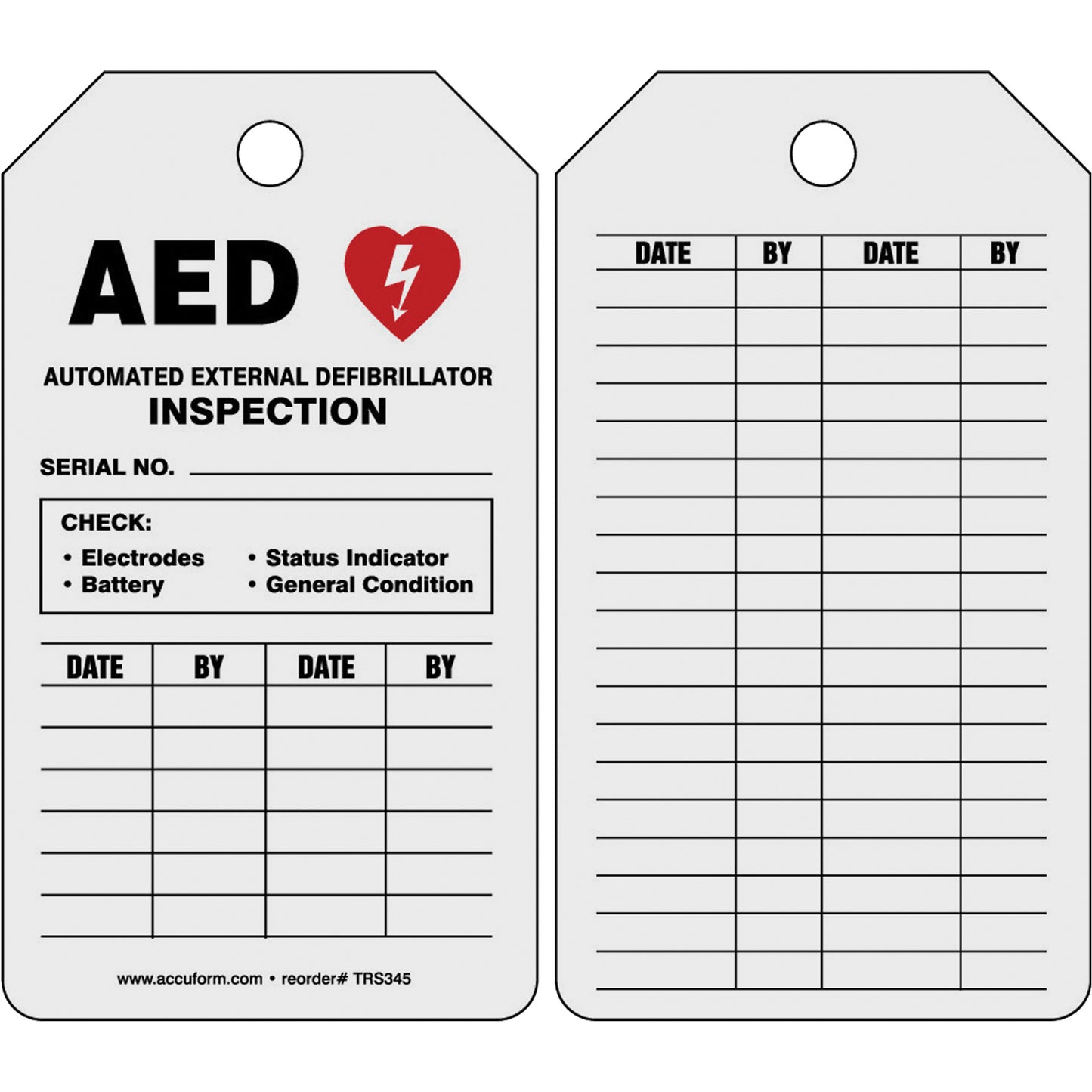 Accuform Signs Automatic External Defibrillator Inspection Status Safety Tag, 5-3/4" x 3-1/4", Paper, English