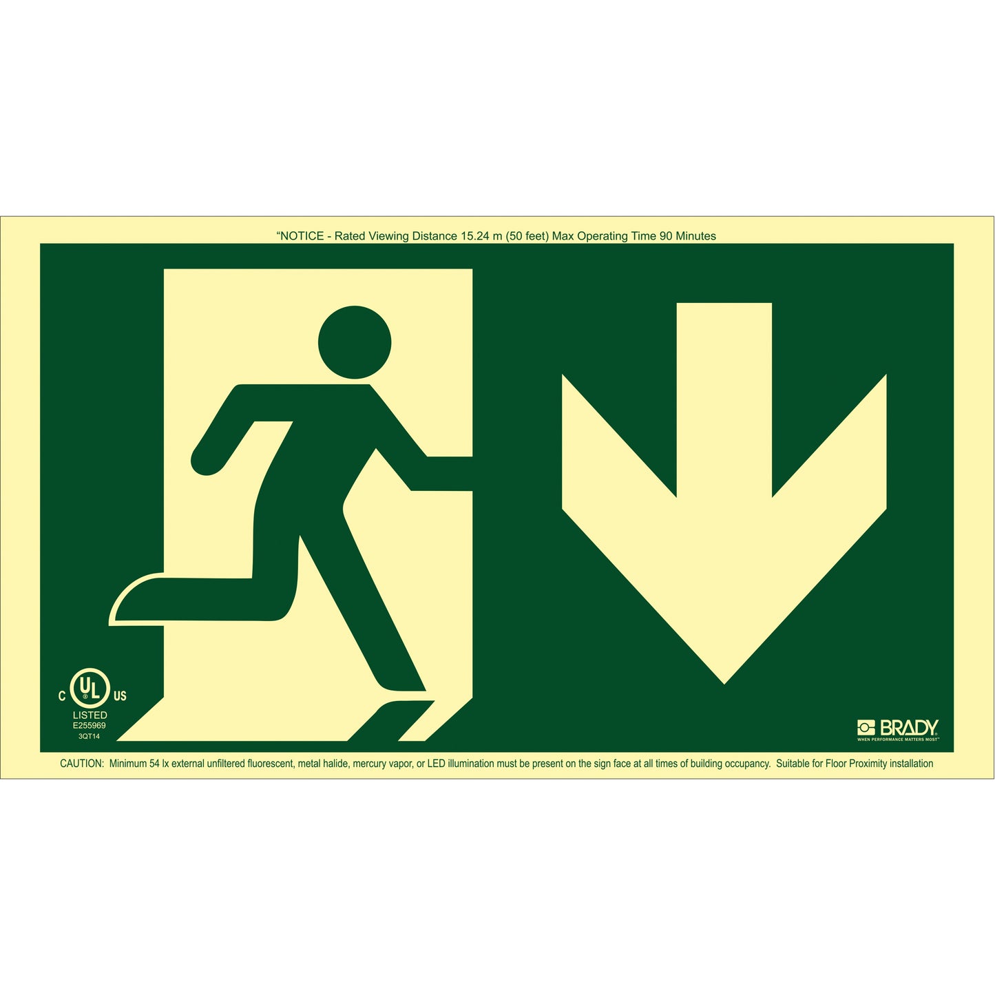 Brady BradyGlo® Running Man Exit Sign with Down Arrow, 8-1/2" x 15", Plastic, Pictogram