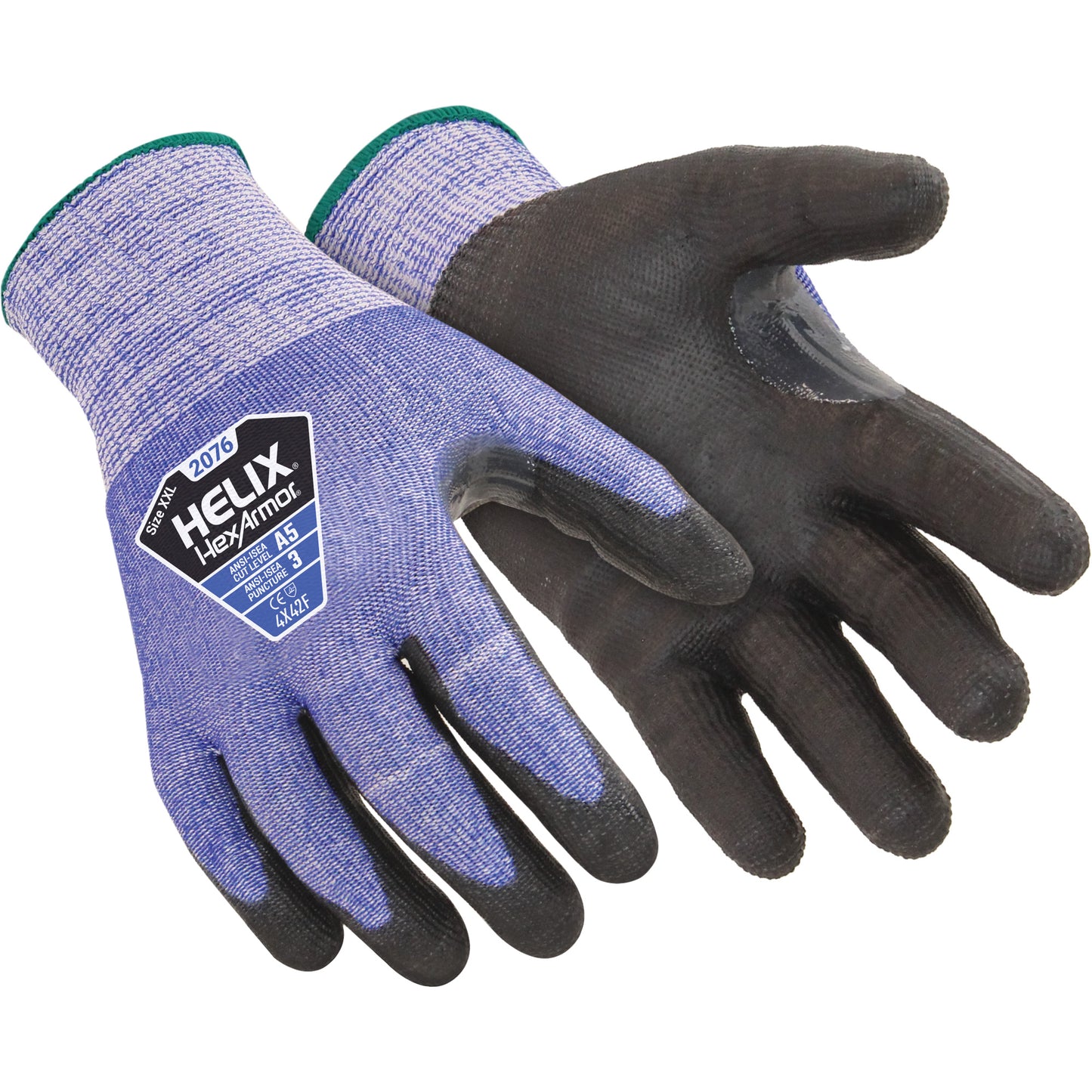 Hexarmor Helix 2076 Coated Gloves, Size 5/2X-Small, 13 Gauge, Polyurethane Coated, HPPE Shell, ANSI/ISEA 105 Level 5