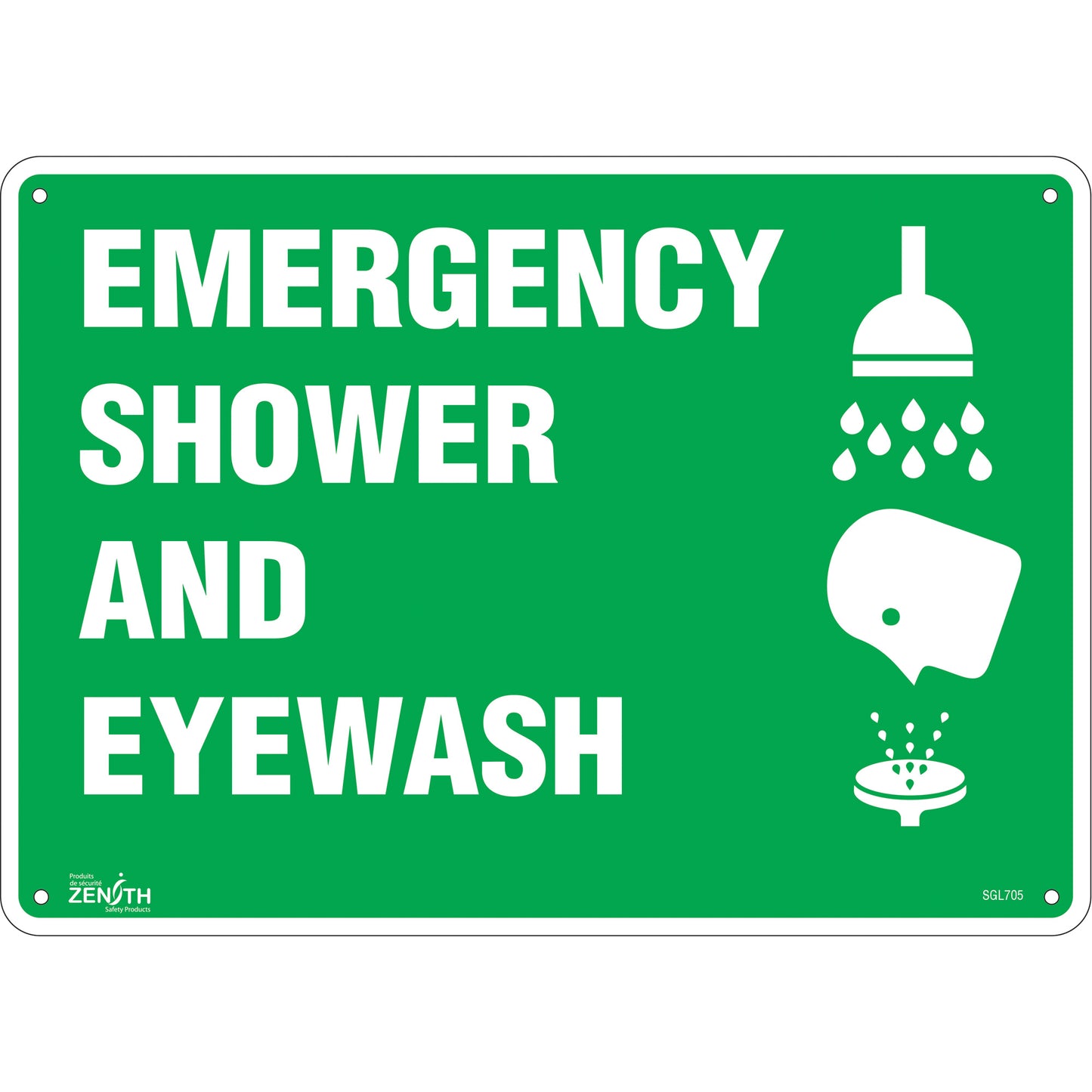 Zenith Safety Products "Emergency Shower And Eyewash" Sign, 10" x 14", Plastic, English with Pictogram