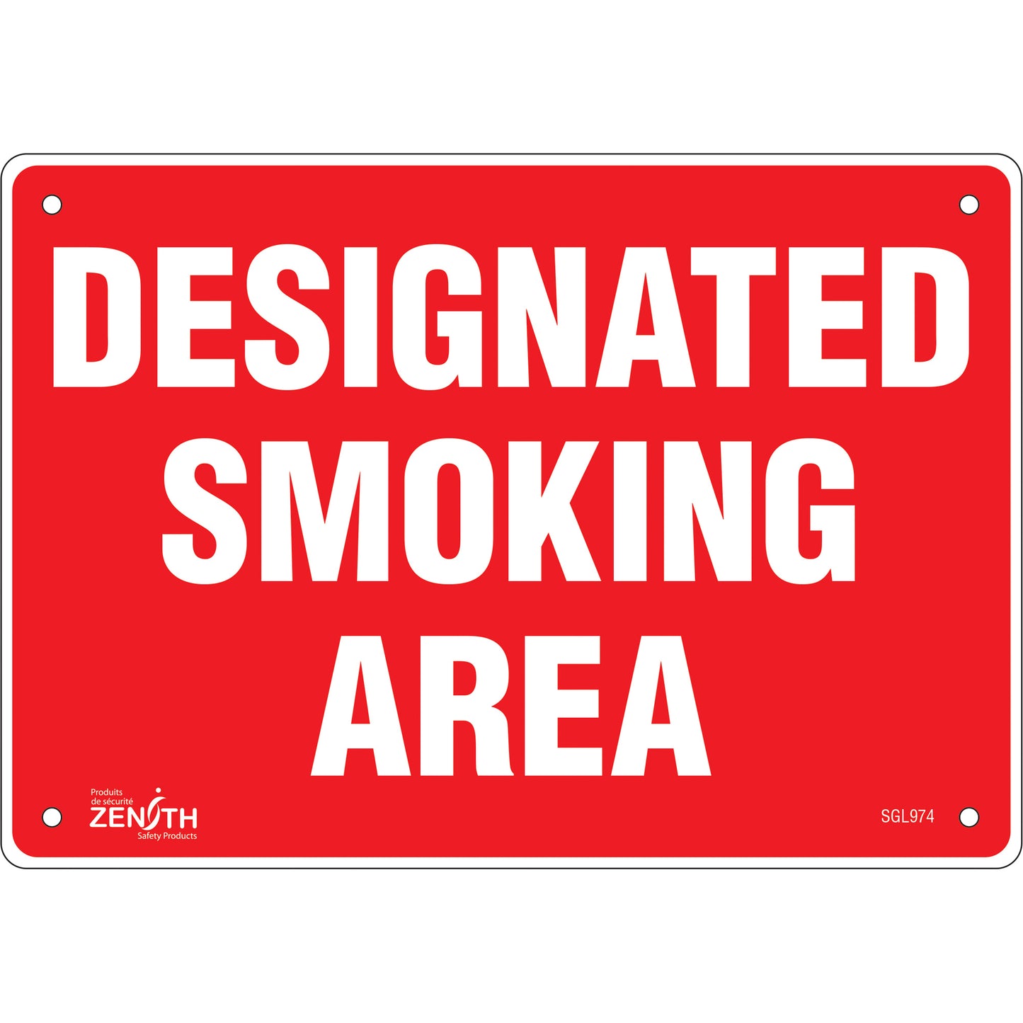 Zenith Safety Products "Designated Smoking Area" Sign, 7" x 10", Plastic, English